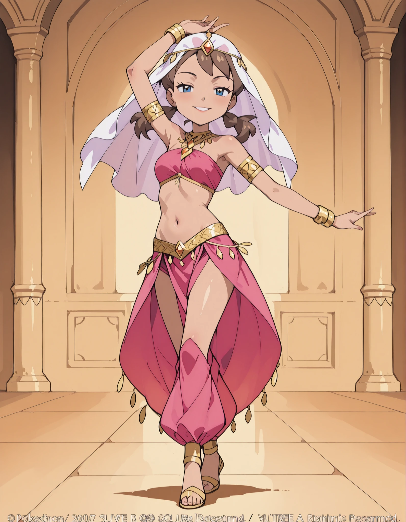 (1girl:1 . 5) , (Seul:1 . 5) , score_9 , score_8_haut , score_7_haut , source_anime , Official work  , ultra-detailed , masterpiece , best quality , high resolution , beaux yeux , detailed eyes , Detailed face , beautiful detailed eyes ,Pokemon Journeys, May,Arabian Clothes , Arabian Dancer ,belly dancer costume ,full body,golden jewelery,armlet, belly dancing,arabian garden,seductive smile, dancing with veil, dynamic movement,dance posture, seductive pose