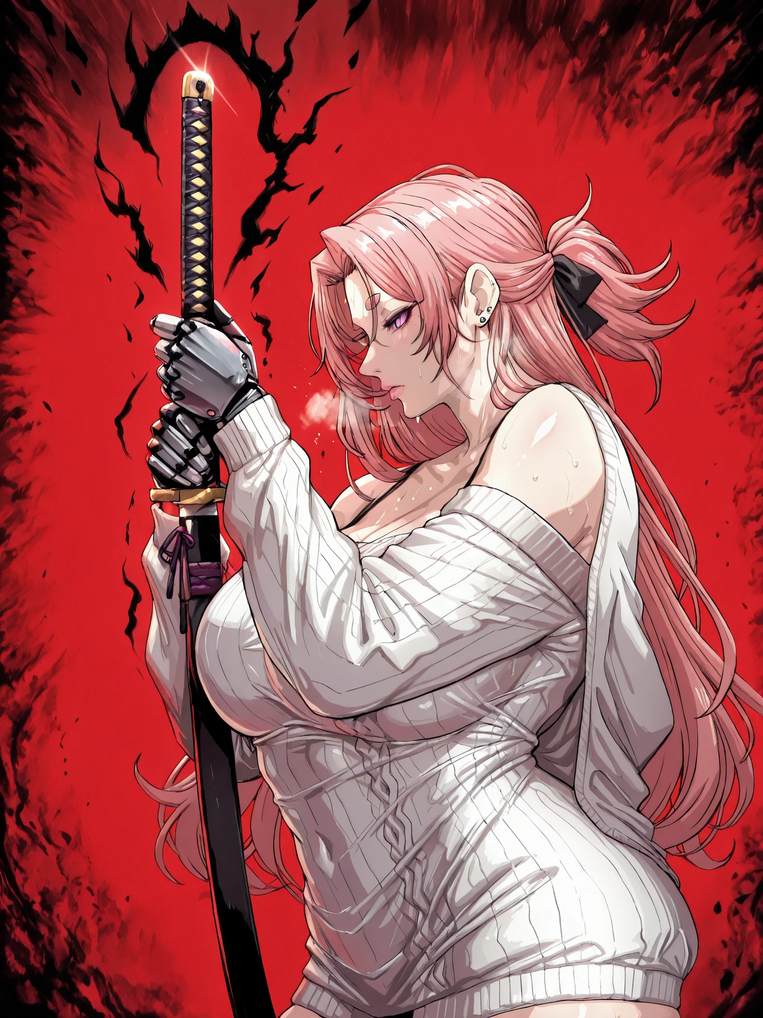 (cervina7-style:1.4), (cirenk-style:1.2), (shiroshisu-style:1.4), (osiimi-style:1.2), (sui_Ishida_style), Masterpiece, high quality, absurdres, best quality, very aesthetic, newest, dramatic light, chiaroscuro technically, contrasting color, dynamic composition, anatomical correct, HD, 4K, digital art, trending on DeviantArt, perfect body, perfect eyes, makeup, detailed eyes, perfect fingers, gasping, heavy breathing, excessive sweating, sweating, sweating profusely, gasping profusely, cinematic, ((skindentation)), ((voluptuous)), Mmananakiri, mature female, long hair, half updo hair, ((dark-pink hair)), purple eyes, short eyebrows, big breasts, bright pupils, 1girl, weapon, solo, sword, red_background, katana, holding_weapon, holding, simple_background, ear_piercing, sheath, holding_sword, mechanical_arms, profile, from_side, sheathed, looking_at_viewer, cyborg, white jacket, sweater dress, off shoulder, black short, (black aura), (grey aura), (aura:1.2)