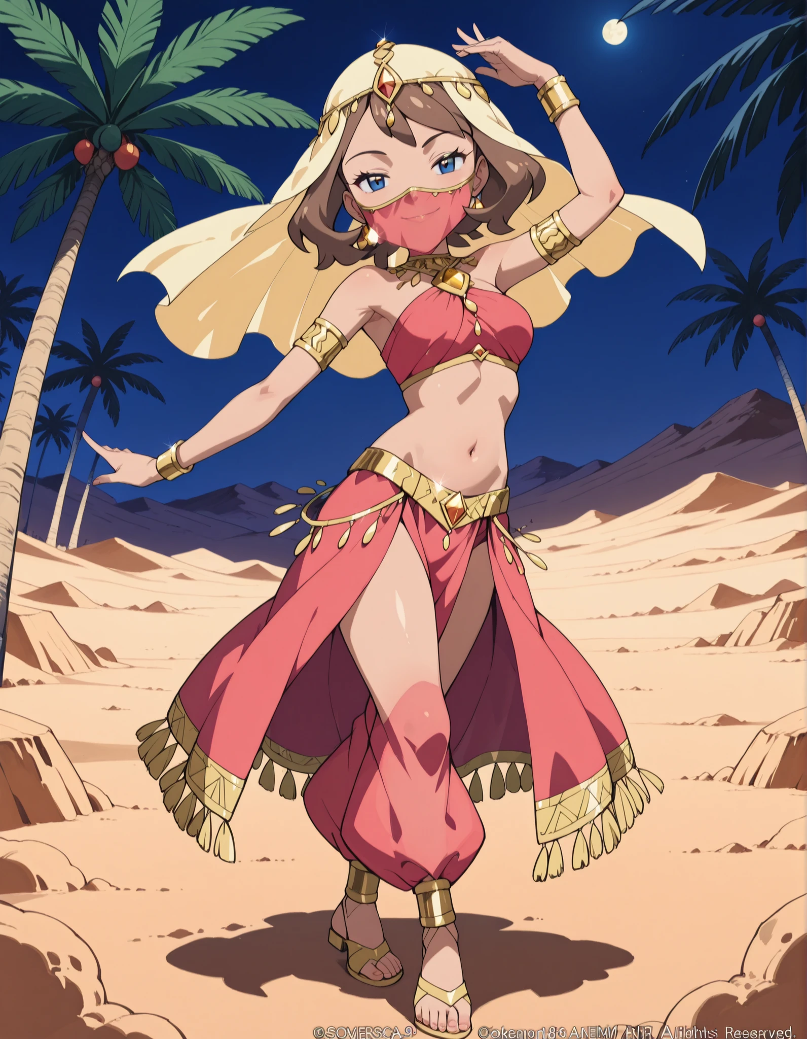 (1girl:1 . 5) , (Seul:1 . 5) , score_9 , score_8_haut , score_7_haut , source_anime , Official work  , ultra-detailed , masterpiece , best quality , high resolution , beaux yeux , detailed eyes , Detailed face , beautiful detailed eyes ,Pokemon Journeys, May,Arabian Clothes , Arabian Dancer ,belly dancer costume ,full body,golden jewelery,mouth veil,armlet, belly dancing,night,desert lands,palm tree,seductive smile, dancing with veil, dynamic movement,dance posture, seductive pose