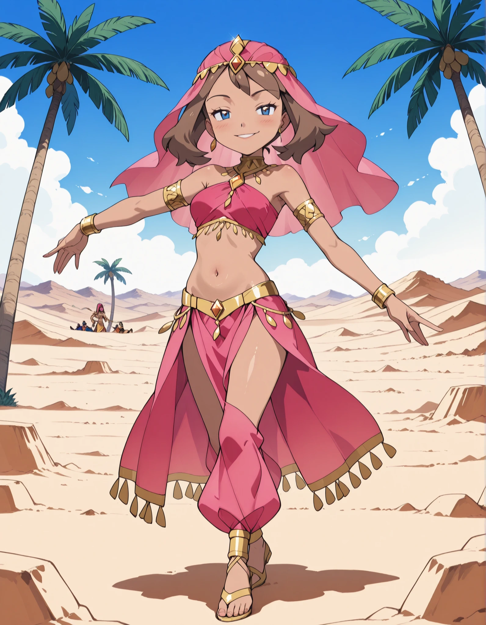 (1girl:1 . 5) , (Seul:1 . 5) , score_9 , score_8_haut , score_7_haut , source_anime , Official work  , ultra-detailed , masterpiece , best quality , high resolution , beaux yeux , detailed eyes , Detailed face , beautiful detailed eyes ,Pokemon Journeys, May,Arabian Clothes , Arabian Dancer ,belly dancer costume ,full body,golden jewelery,armlet, belly dancing,desert lands,palm tree,seductive smile, dancing with veil, dynamic movement,dance posture, seductive pose
