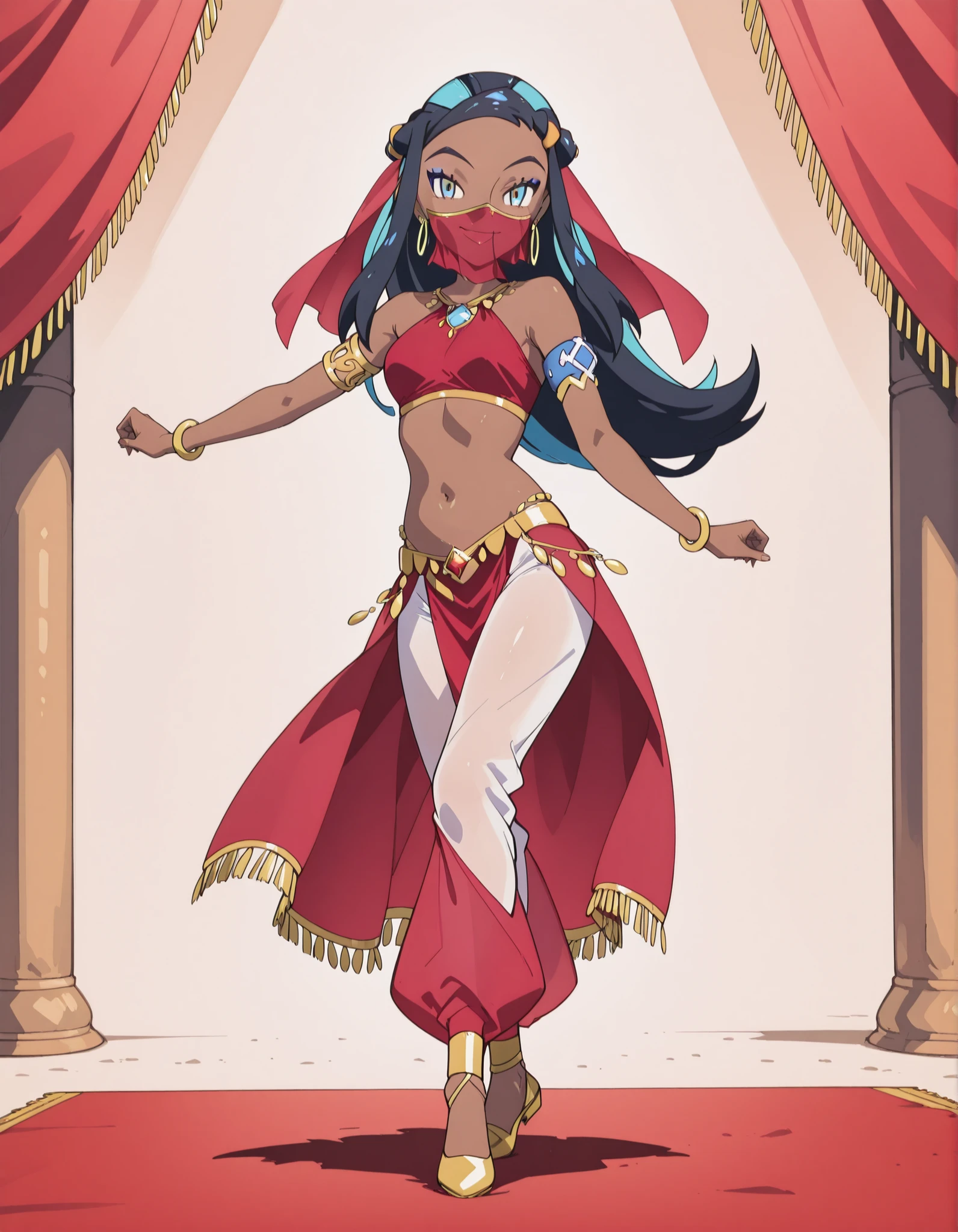 (1girl:1 . 5) , (Seul:1 . 5) , score_9 , score_8_haut , score_7_haut , source_anime , Official work , ultra-detailed , masterpiece , best quality , high resolution , beaux yeux , detailed eyes , Detailed face , beautiful detailed eyes ,Pokemon Sword&Shield, Nessa,Arabian Clothes , Arabian Dancer ,belly dancer costume ,full body,golden jewelery,mouth veil,armlet, belly dancing,arabian theater,seductive smile, dancing with veil, dynamic movement,dance posture, seductive pose