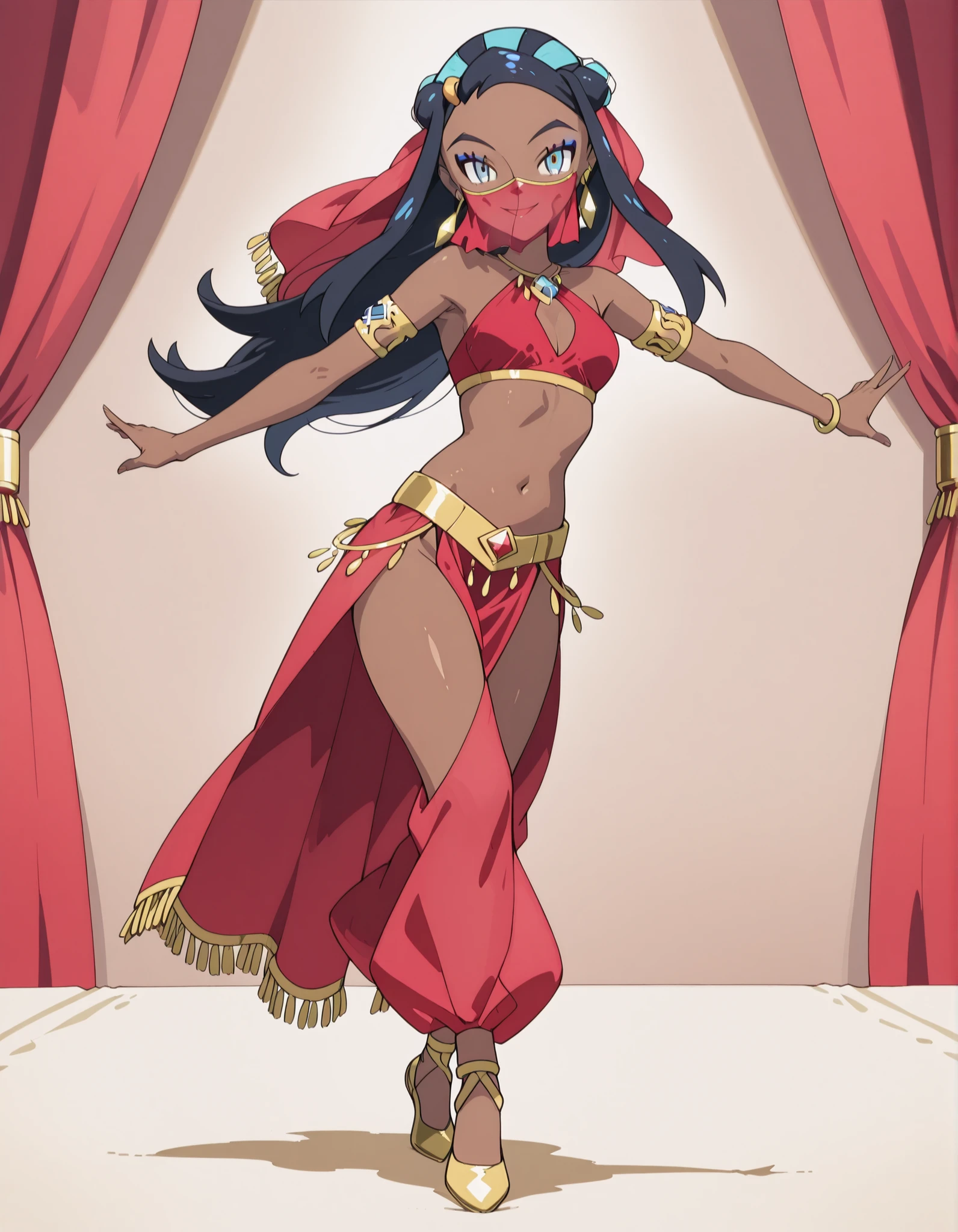 (1girl:1 . 5) , (Seul:1 . 5) , score_9 , score_8_haut , score_7_haut , source_anime , Official work  , ultra-detailed , masterpiece , best quality , high resolution , beaux yeux , detailed eyes , Detailed face , beautiful detailed eyes ,Pokemon Sword&Shield, Nessa,Arabian Clothes , Arabian Dancer ,belly dancer costume ,full body,golden jewelery,mouth veil,armlet, belly dancing,arabian theater,seductive smile, dancing with veil, dynamic movement,dance posture, seductive pose