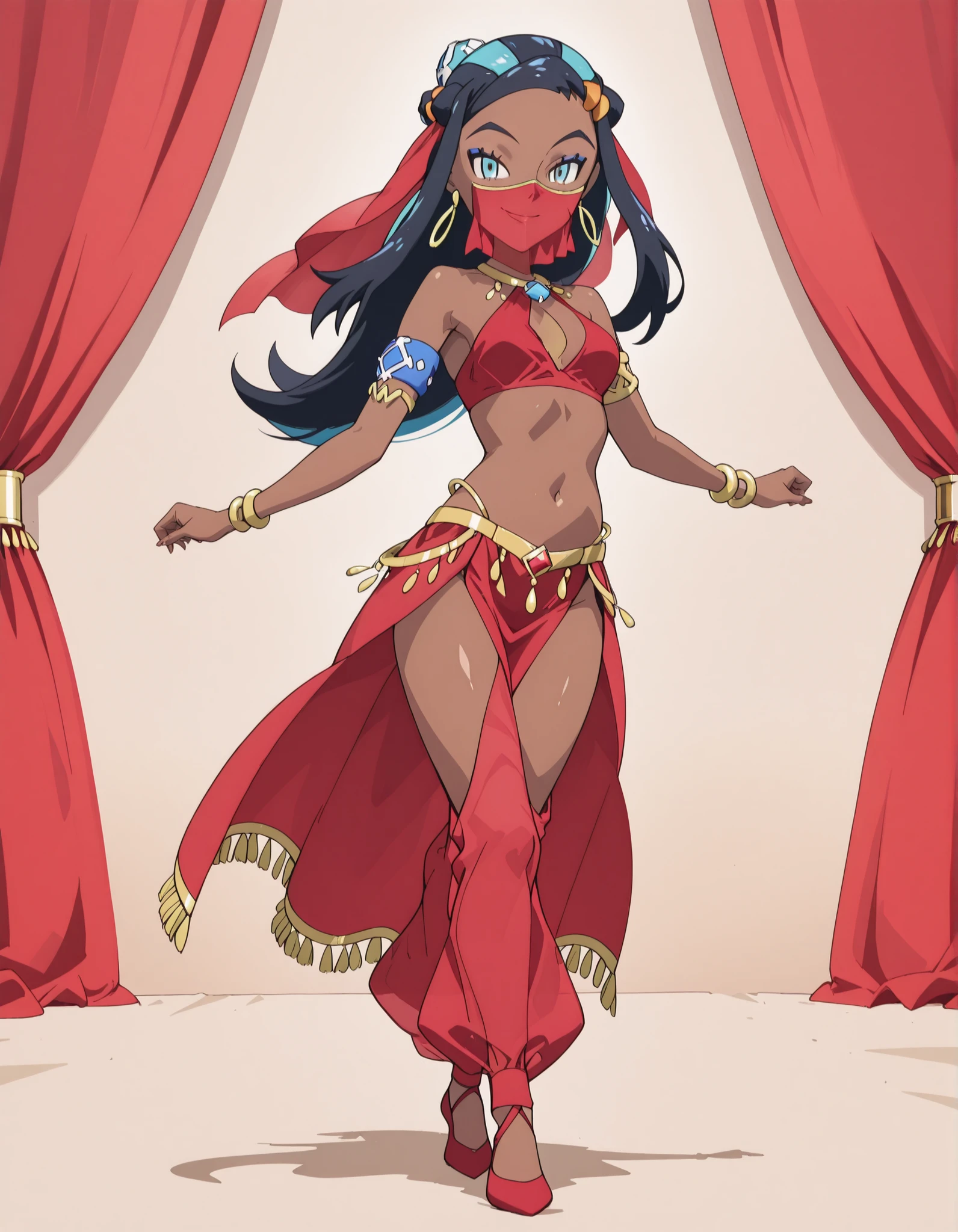 (1girl:1 . 5) , (Seul:1 . 5) , score_9 , score_8_haut , score_7_haut , source_anime , Official work , ultra-detailed , masterpiece , best quality , high resolution , beaux yeux , detailed eyes , Detailed face , beautiful detailed eyes ,Pokemon Sword&Shield, Nessa,Arabian Clothes , Arabian Dancer ,belly dancer costume ,full body,golden jewelery,mouth veil,armlet, belly dancing,arabian theater,seductive smile, dancing with veil, dynamic movement,dance posture, seductive pose