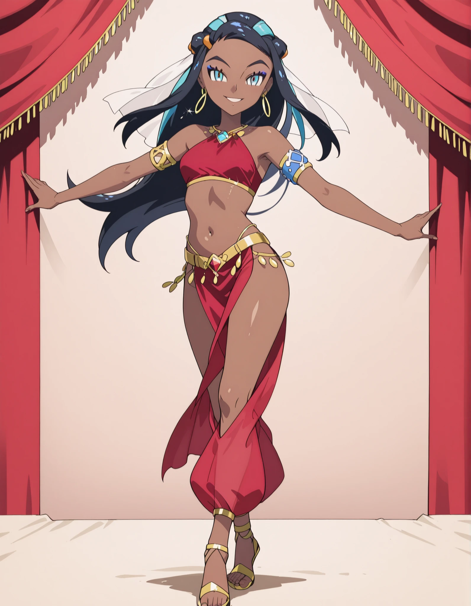 (1girl:1 . 5) , (Seul:1 . 5) , score_9 , score_8_haut , score_7_haut , source_anime , Official work  , ultra-detailed , masterpiece , best quality , high resolution , beaux yeux , detailed eyes , Detailed face , beautiful detailed eyes ,Pokemon Sword&Shield, Nessa,Arabian Clothes , Arabian Dancer ,belly dancer costume ,full body,golden jewelery,armlet, belly dancing,arabian theater,seductive smile, dancing with veil, dynamic movement,dance posture, seductive pose