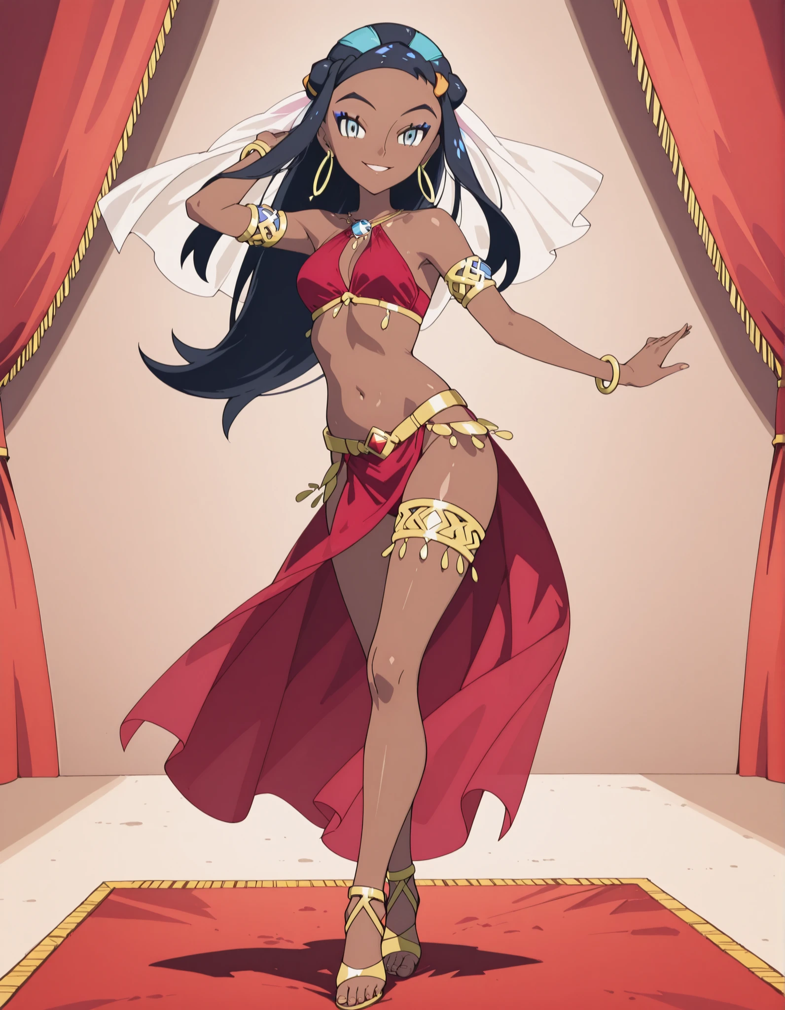 (1girl:1 . 5) , (Seul:1 . 5) , score_9 , score_8_haut , score_7_haut , source_anime , Official work  , ultra-detailed , masterpiece , best quality , high resolution , beaux yeux , detailed eyes , Detailed face , beautiful detailed eyes ,Pokemon Sword&Shield, Nessa,Arabian Clothes , Arabian Dancer ,belly dancer costume ,full body,golden jewelery,armlet, belly dancing,arabian theater,seductive smile, dancing with veil, dynamic movement,dance posture, seductive pose