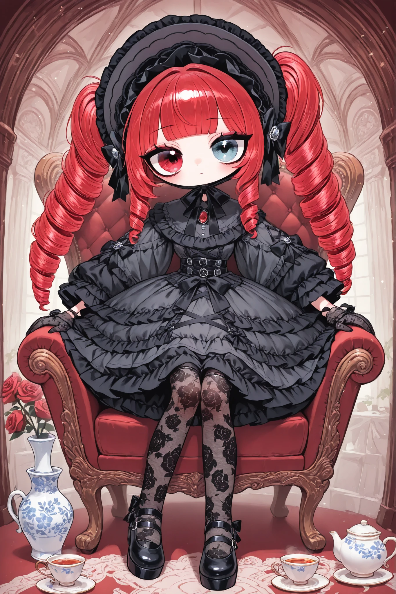 (edanoma_meu_illu,)Alive doll-girl, petite vintage cute porcelain articulated doll. Her body is made of white porcelain and joints of her limbs are doll-like hinges. There's a crack in her porcelain face. She has scarlet red kinky hair is styled in two ringlets pigtails. She has heterochromia, (one eye is blue the other eye is yellow). She wearing black long lace puffy dress Gothic Lolita dress with bows and roses, lace stockings with garters , mary jane shoes with bows. she wearing silk lace black gloves. She wears a black bonnet with roses and bows on her head. (On The Background: Dollhouse with rose garden and gazebo. inside a vintage armchair and table with a cups with tea, a teapot, a vase with roses on it.)