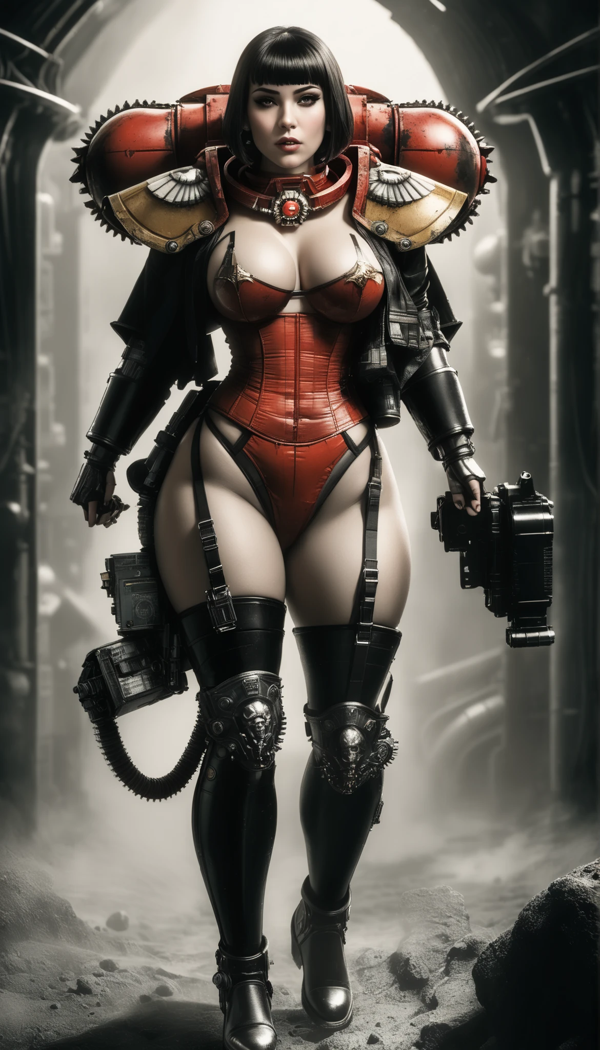 Important (warhammer 40 000 theme, battle sister, space marine armor, very wide hips, thicc lower body, big breast):
Scene (space ship corridor):
Character Face ( horny, focused, red chicks, glowing pupils, make up, augmentations on right side, tatto on left side):
Character Body (oiled skin, sweat skin, huge tits busting out, neon glowing electric rings, neon glowing electric collar, wide hips huge ass, thicc legs, big, ass cheeks, hips trapezoidal, big butt, wide hips, thin waist):
Character Hair (bob, black):
Character Clothes (long coat, gun in hand, tight beige leggins, commissioner long coat, zippers belts, garter belt, high heeled tight high boots on the ground, stockings, micro thongs, steel chest armor):
Character Action (walking with butt plug):
View (full body):
Scene light (strong, lighting, emphasizing curves):
Color tones (rich and vibrant colors, warm tones, saturated, contrasted):
Image quality (illustration, photography, 8k, super detail, best quality, 8k, high details, anatomically correct, masterpiece, highres, best quality, award winning, high quality, high details, super detail, erotic art, pin-up, glamour, fine art photography):