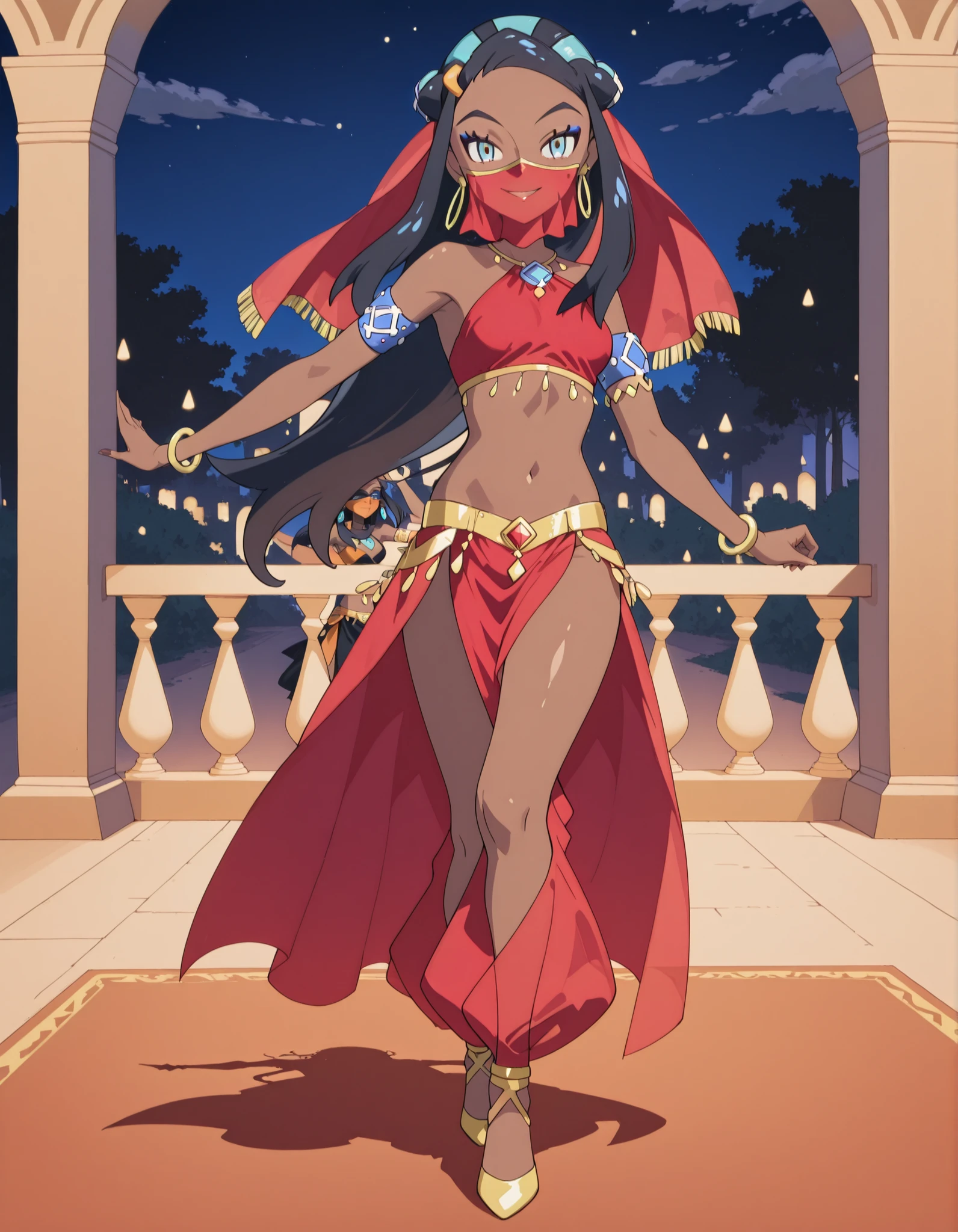 (1girl:1 . 5) , (Seul:1 . 5) , score_9 , score_8_haut , score_7_haut , source_anime , Official work  , ultra-detailed , masterpiece , best quality , high resolution , beaux yeux , detailed eyes , Detailed face , beautiful detailed eyes ,Pokemon Sword&Shield, Nessa,Arabian Clothes , Arabian Dancer ,belly dancer costume ,full body,golden jewelery,mouth veil,armlet, belly dancing,night,arabian garden,seductive smile, dancing with veil, dynamic movement,dance posture, seductive pose