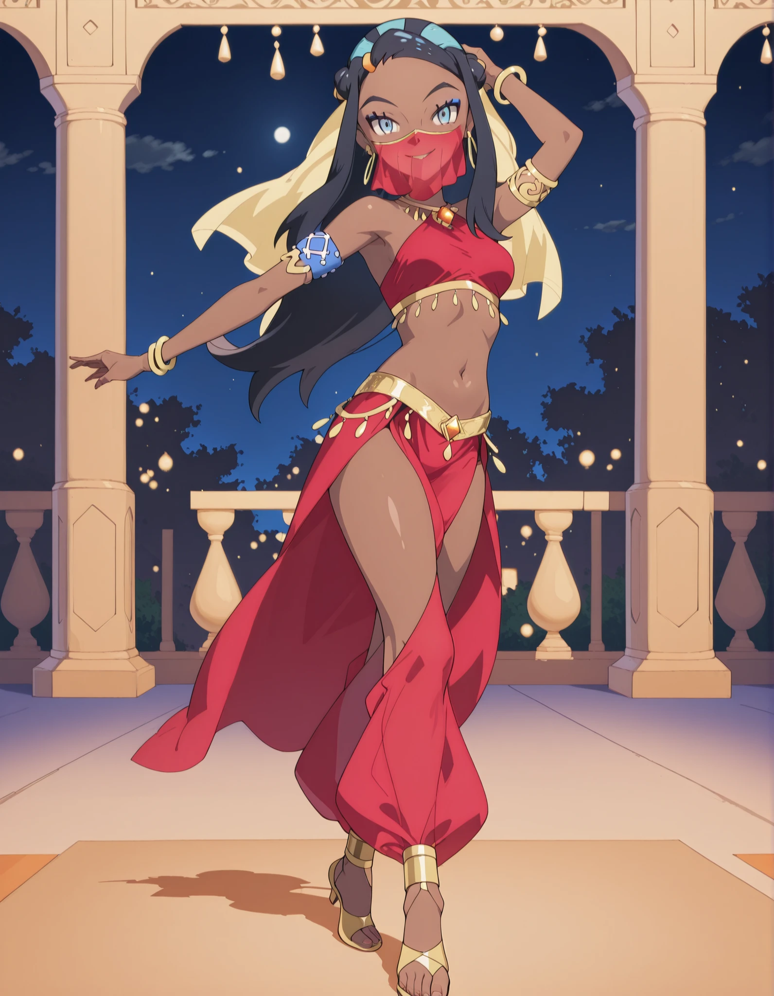(1girl:1 . 5) , (Seul:1 . 5) , score_9 , score_8_haut , score_7_haut , source_anime , Official work  , ultra-detailed , masterpiece , best quality , high resolution , beaux yeux , detailed eyes , Detailed face , beautiful detailed eyes ,Pokemon Sword&Shield, Nessa,Arabian Clothes , Arabian Dancer ,belly dancer costume ,full body,golden jewelery,mouth veil,armlet, belly dancing,night,arabian garden,seductive smile, dancing with veil, dynamic movement,dance posture, seductive pose