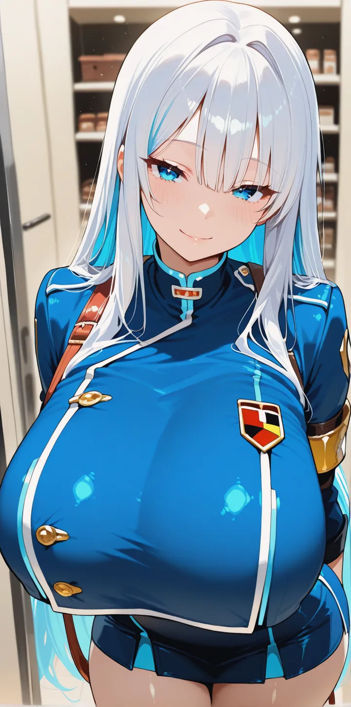 The image of a beautiful 16-year-old girl, with white skin, lots of freckles on her face and body, she is 4-ft tall, she has a very thin waist and , huge and exaggerated , ((impossibly huge breasts),((huge :1,5)), space captain, Cleavage, captain, ((thin: 1,5)), military uniform, black background, black background, armored, bursting , poses that show off cleavage, , grabbing  