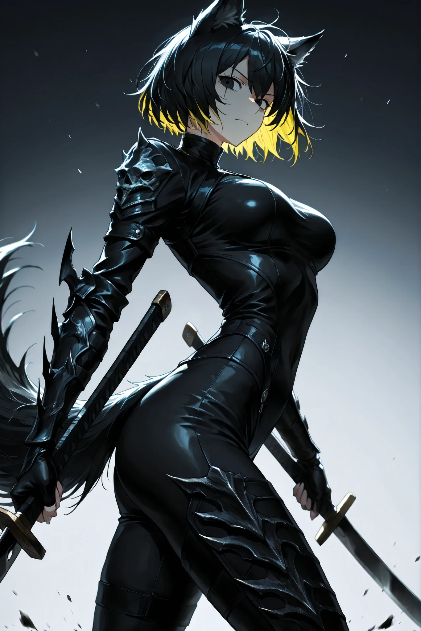 mad-neonbody,(lappland:0.85),multicolored hair, black hair, yellow hair, black eyes, short hair,BinahPM,partially, two-tone lighting, (looking at viewer, side shot:0.72), dynamic shot, dynamic pose, warrior, (medium shot, three quarter shot:1.1), (1girl:0.35), solo, masterpiece, best quality, amazing quality, very aesthetic, high resolution, ultra-detailed, curved swords, mantis blades, elbow blade, wolf girl, wolf ears, 