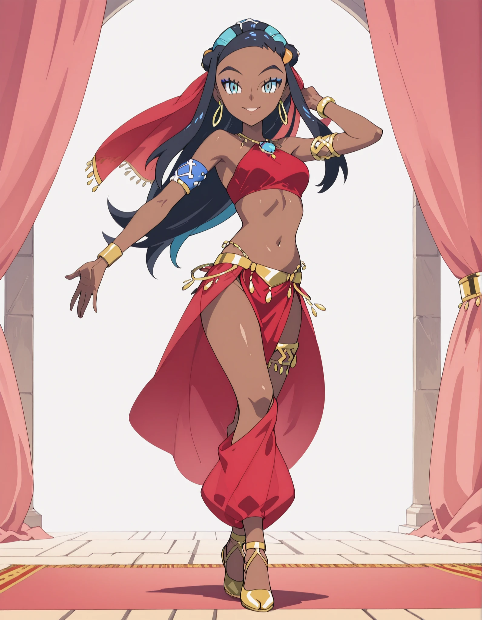 (1girl:1 . 5) , (Seul:1 . 5) , score_9 , score_8_haut , score_7_haut , source_anime , Official work  , ultra-detailed , masterpiece , best quality , high resolution , beaux yeux , detailed eyes , Detailed face , beautiful detailed eyes ,Pokemon Sword&Shield, Nessa,Arabian Clothes , Arabian Dancer ,belly dancer costume ,full body,golden jewelery,armlet, belly dancing,arabian garden,seductive smile, dancing with veil, dynamic movement,dance posture, seductive pose