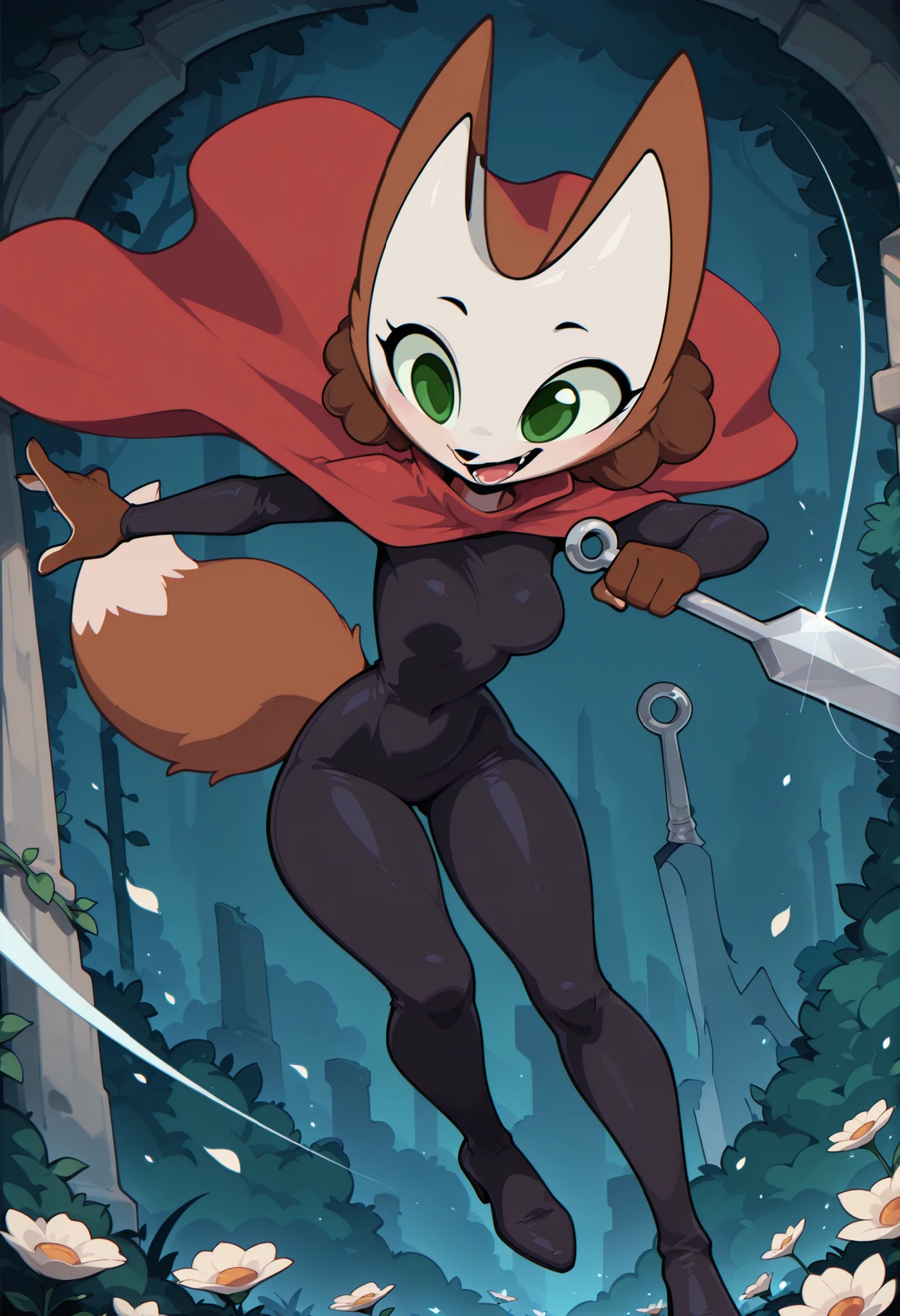 masterpiece, best quality, amazing quality, anime coloring, very aesthetic, absurdres, flat color, flat shading, soft shading, 1girl, solo, Sineki_fox,brown curly hair, green eyes, anthro, furry female, brown body, fox female, animal ears, big eyes, white mask with big horns, black bodysuit, white glowing flowers, dark, smiling, red cape, hold sword-needle, dynamic view, black boots with heels, hornet_hollow_knight, tail, bang. open mouth, dynamic, fight, action pose