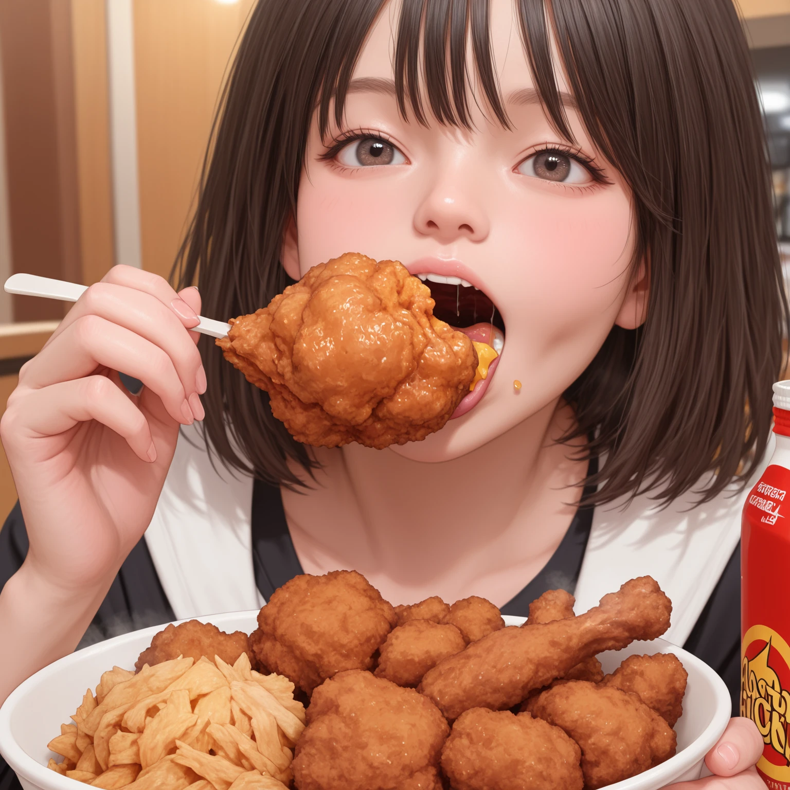 (best quality:1.2), masterpiece, Realistic, Ultra-high resolution, (((a beautiful Japanese idol 12 years old woman:1.2))), ((Gaunt:1.3)), (((Very flat chest:1.4))), ((Baby Face)), villainess, arms up, show me your armpit:1.2, (((tip of sausage touches her armpit:1.2))), (She has condensed milk poured all over her body), (completely :1.2), ((Armpits are wet and shiny with sweat:1.2)), She has skin that sweats easily Soaking wet, Sweaty, ((I can see my pores:1.4)), ((Frightened expression:1.3)), (((Put a very-long-sausage in her mouth:1.3))), ( chamber, prison:1.5)