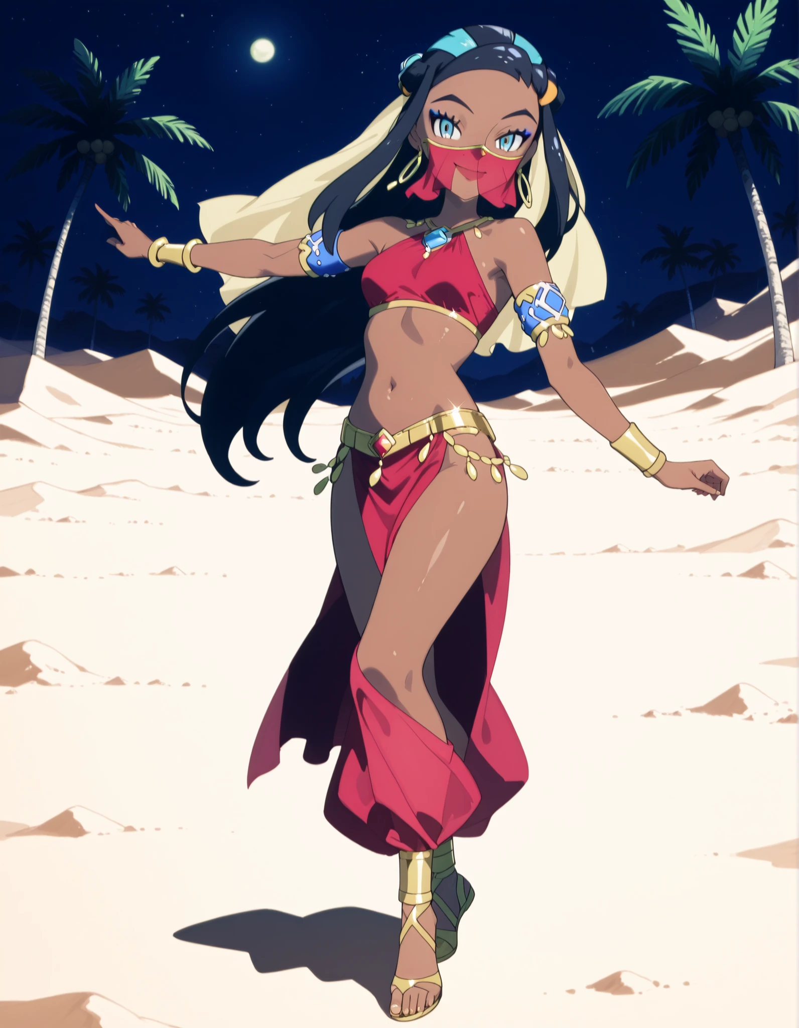 (1girl:1 . 5) , (Seul:1 . 5) , score_9 , score_8_haut , score_7_haut , source_anime , Official work  , ultra-detailed , masterpiece , best quality , high resolution , beaux yeux , detailed eyes , Detailed face , beautiful detailed eyes ,Pokemon Sword&Shield, Nessa,Arabian Clothes , Arabian Dancer ,belly dancer costume ,full body,golden jewelery,mouth veil,armlet, belly dancing,night,desert lands,palm tree,seductive smile, dancing with veil, dynamic movement,dance posture, seductive pose