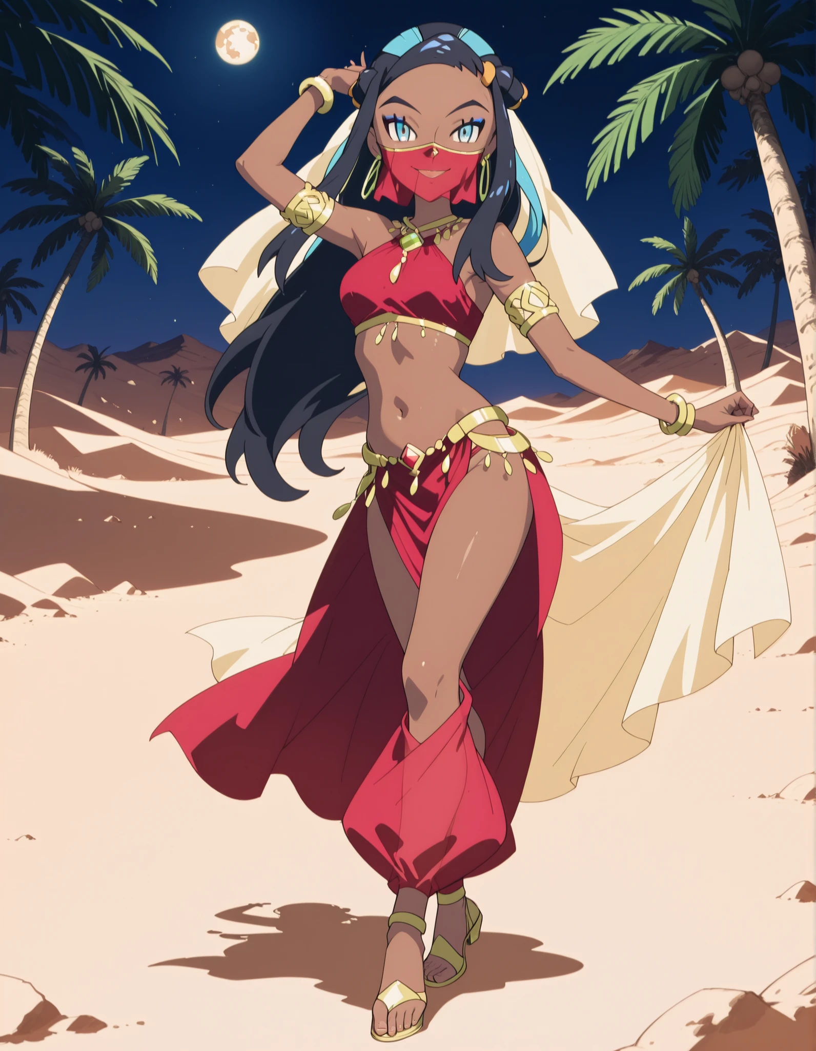 (1girl:1 . 5) , (Seul:1 . 5) , score_9 , score_8_haut , score_7_haut , source_anime , Official work , ultra-detailed , masterpiece , best quality , high resolution , beaux yeux , detailed eyes , Detailed face , beautiful detailed eyes ,Pokemon Sword&Shield, Nessa,Arabian Clothes , Arabian Dancer ,belly dancer costume ,full body,golden jewelery,mouth veil,armlet, belly dancing,night,desert lands,palm tree,seductive smile, dancing with veil, dynamic movement,dance posture, seductive pose