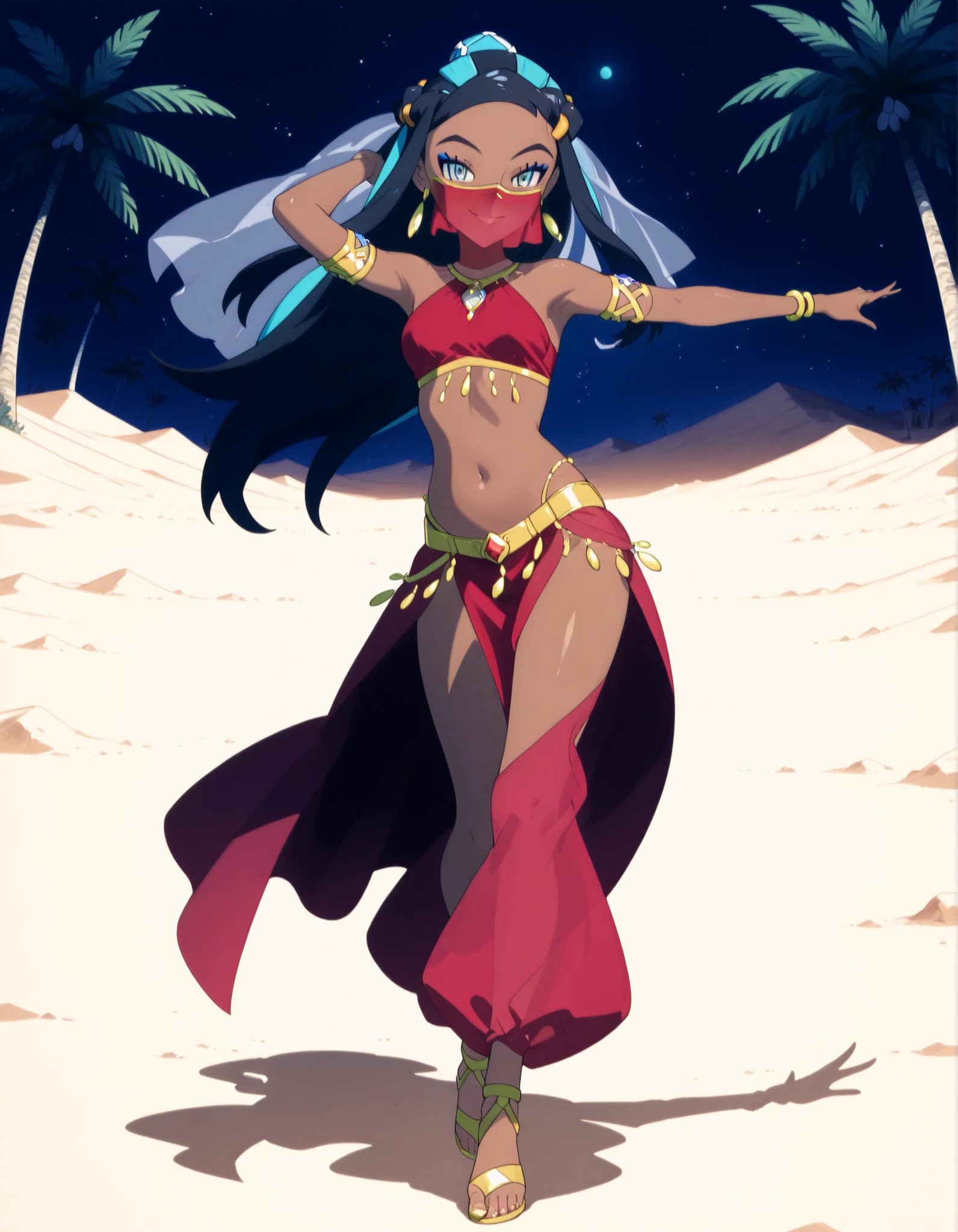 (1girl:1 . 5) , (Seul:1 . 5) , score_9 , score_8_haut , score_7_haut , source_anime , Official work  , ultra-detailed , masterpiece , best quality , high resolution , beaux yeux , detailed eyes , Detailed face , beautiful detailed eyes ,Pokemon Sword&Shield, Nessa,Arabian Clothes , Arabian Dancer ,belly dancer costume ,full body,golden jewelery,mouth veil,armlet, belly dancing,night,desert lands,palm tree,seductive smile, dancing with veil, dynamic movement,dance posture, seductive pose
