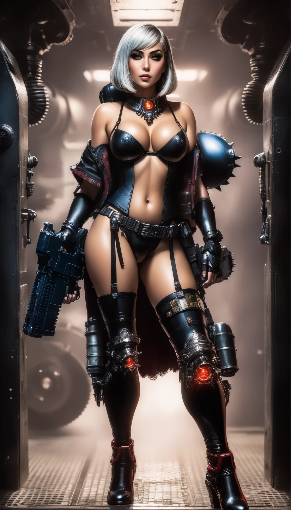 Important (coat, warhammer 40 000 theme, battle sister, space marine armor, very wide hips, thicc lower body, big breast):
Scene (space ship corridor):
Character Face ( focused, red chicks, glowing pupils, make up, augmentations on right side, tatto on left side):
Character Body (oiled skin, sweat skin, huge tits busting out, neon glowing electric rings, neon glowing electric collar, wide hips huge ass, thicc legs, big, ass cheeks, hips trapezoidal, big butt, wide hips, thin waist):
Character Hair (bob, black):
Character Clothes (long coat, gun in hand, tight beige leggins, commissioner long coat, zippers belts, garter belt, high heeled tight high boots on the ground, stockings, micro thongs, steel chest armor):
Character Action (walking with butt plug):
View (full body):
Scene light (strong, lighting, emphasizing curves):
Color tones (rich and vibrant colors, warm tones, saturated, contrasted):
Image quality (illustration, photography, 8k, super detail, best quality, 8k, high details, anatomically correct, masterpiece, highres, best quality, award winning, high quality, high details, super detail, erotic art, pin-up, glamour, fine art photography):