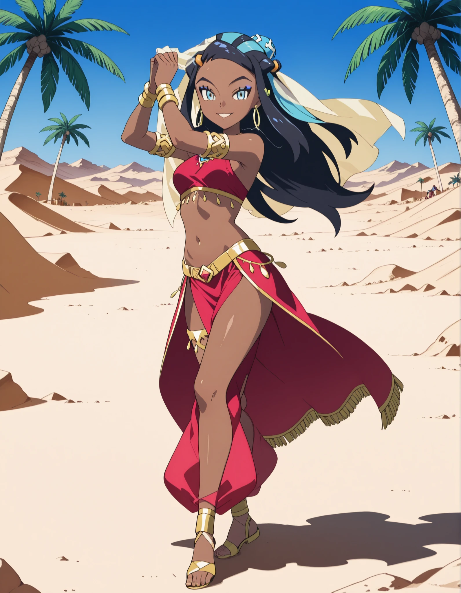 (1girl:1 . 5) , (Seul:1 . 5) , score_9 , score_8_haut , score_7_haut , source_anime , Official work  , ultra-detailed , masterpiece , best quality , high resolution , beaux yeux , detailed eyes , Detailed face , beautiful detailed eyes ,Pokemon Sword&Shield, Nessa,Arabian Clothes , Arabian Dancer ,belly dancer costume ,full body,golden jewelery,armlet, belly dancing,desert lands,palm tree,seductive smile, dancing with veil, dynamic movement,dance posture, seductive pose