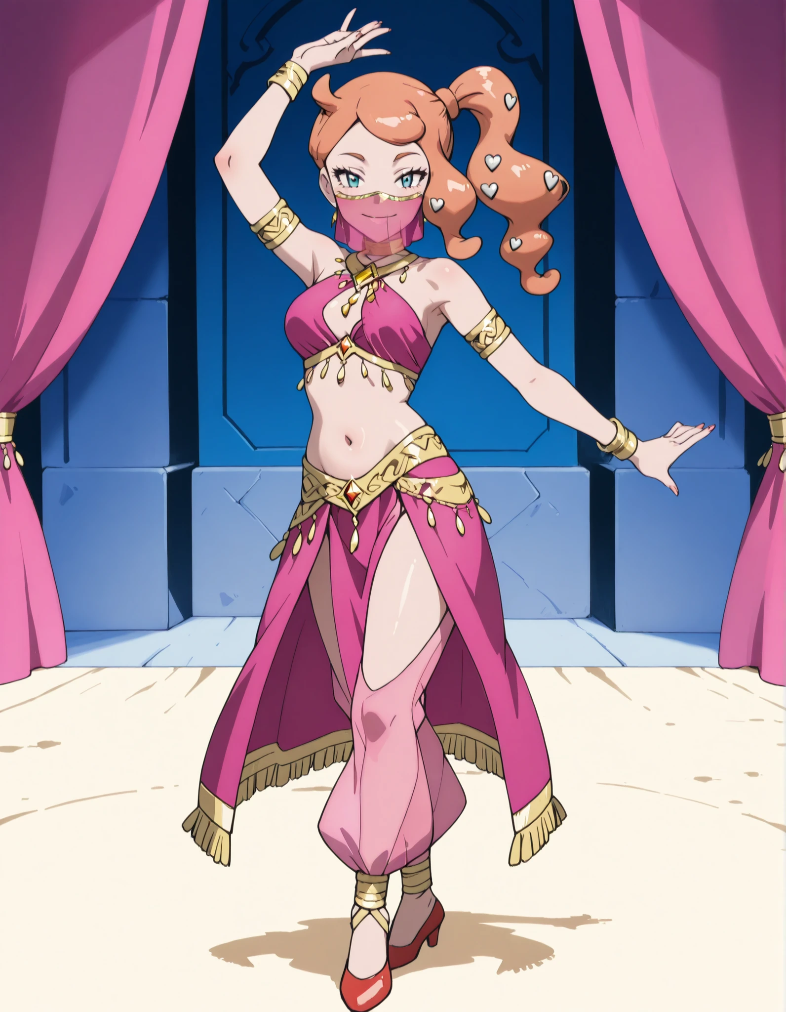 (1girl:1 . 5) , (Seul:1 . 5) , score_9 , score_8_haut , score_7_haut , source_anime , Official work  , ultra-detailed , masterpiece , best quality , high resolution , beaux yeux , detailed eyes , Detailed face , beautiful detailed eyes ,Pokemon Sword&Shield, Sonia,Arabian Clothes , Arabian Dancer ,belly dancer costume ,full body,golden jewelery,mouth veil,armlet, belly dancing,arabian theater,seductive smile, dancing with veil, dynamic movement,dance posture,  pose