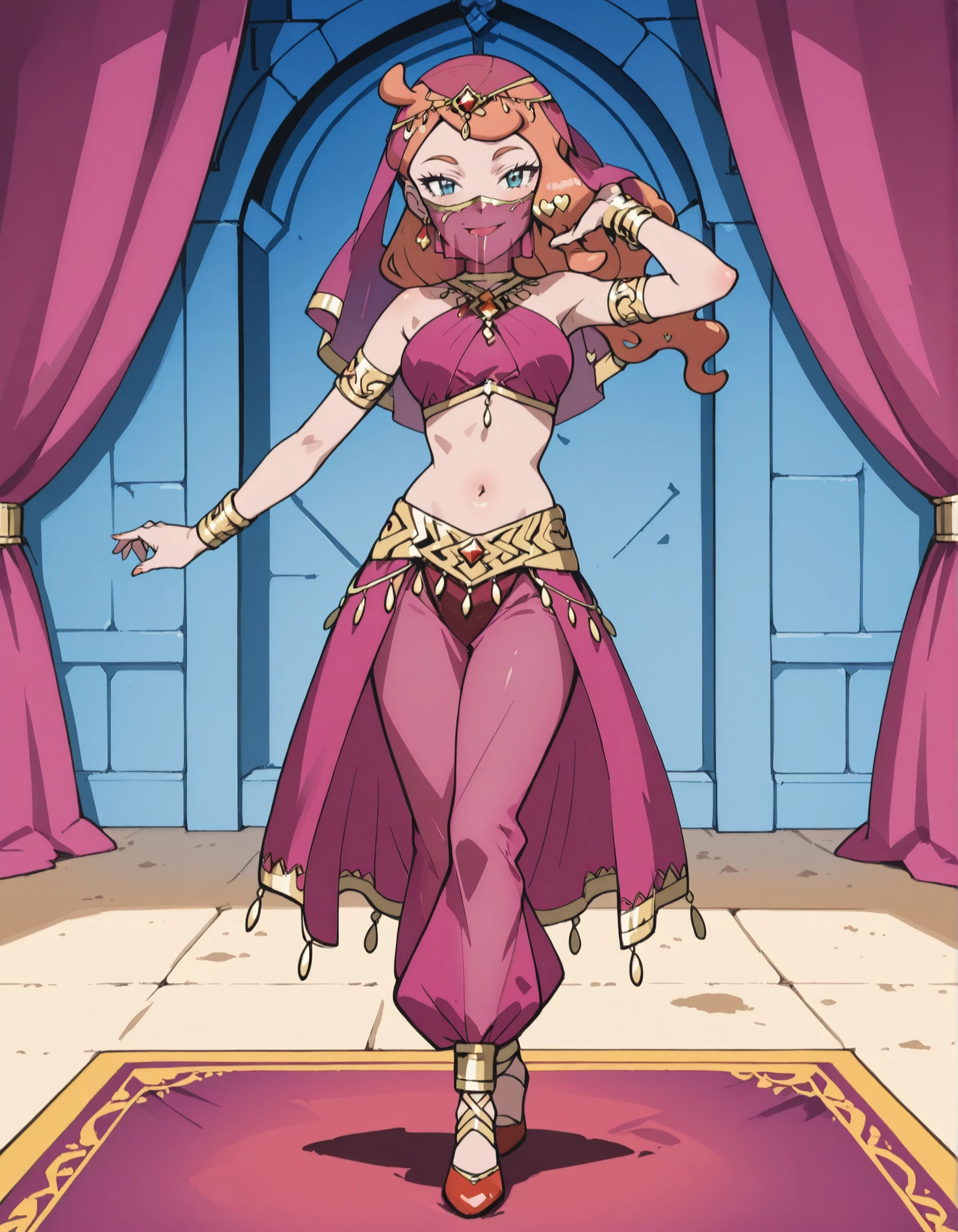 (1girl:1 . 5) , (Seul:1 . 5) , score_9 , score_8_haut , score_7_haut , source_anime , Official work  , ultra-detailed , masterpiece , best quality , high resolution , beaux yeux , detailed eyes , Detailed face , beautiful detailed eyes ,Pokemon Sword&Shield, Sonia,Arabian Clothes , Arabian Dancer ,belly dancer costume ,full body,golden jewelery,mouth veil,armlet, belly dancing,arabian theater,seductive smile, dancing with veil, dynamic movement,dance posture,  pose