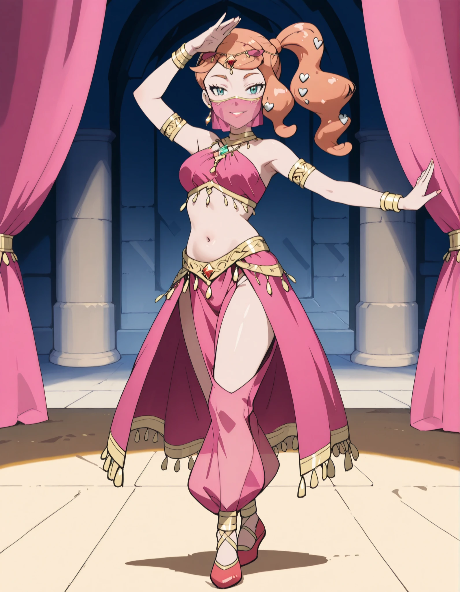 (1girl:1 . 5) , (Seul:1 . 5) , score_9 , score_8_haut , score_7_haut , source_anime , Official work  , ultra-detailed , masterpiece , best quality , high resolution , beaux yeux , detailed eyes , Detailed face , beautiful detailed eyes ,Pokemon Sword&Shield, Sonia,Arabian Clothes , Arabian Dancer ,belly dancer costume ,full body,golden jewelery,mouth veil,armlet, belly dancing,arabian theater,seductive smile, dancing with veil, dynamic movement,dance posture, seductive pose
