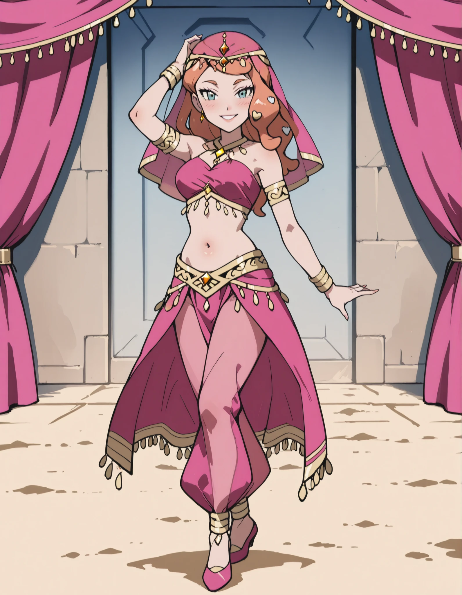 (1girl:1 . 5) , (Seul:1 . 5) , score_9 , score_8_haut , score_7_haut , source_anime , Official work  , ultra-detailed , masterpiece , best quality , high resolution , beaux yeux , detailed eyes , Detailed face , beautiful detailed eyes ,Pokemon Sword&Shield, Sonia,Arabian Clothes , Arabian Dancer ,belly dancer costume ,full body,golden jewelery,armlet, belly dancing,arabian theater,seductive smile, dancing with veil, dynamic movement,dance posture,  pose