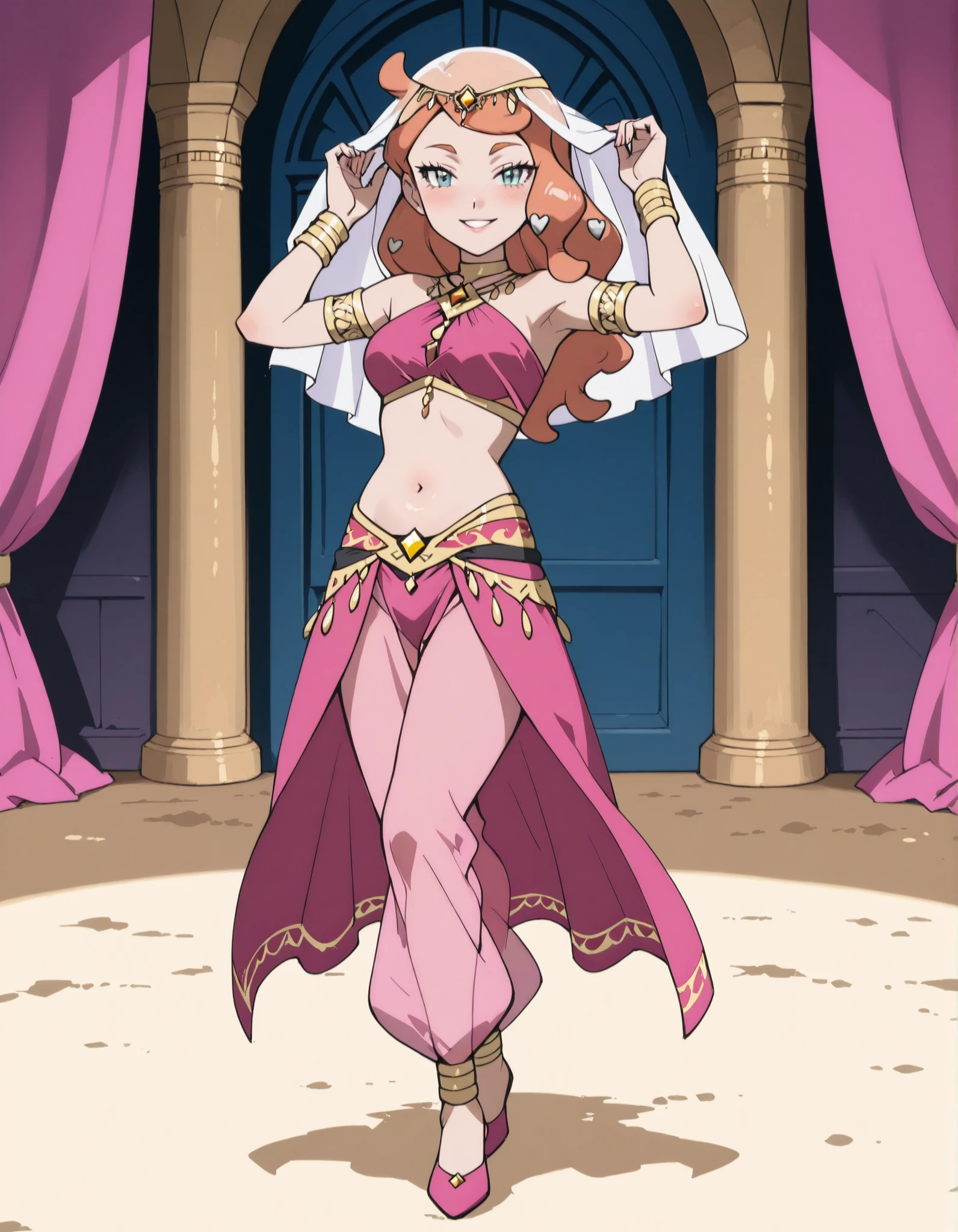 (1girl:1 . 5) , (Seul:1 . 5) , score_9 , score_8_haut , score_7_haut , source_anime , Official work  , ultra-detailed , masterpiece , best quality , high resolution , beaux yeux , detailed eyes , Detailed face , beautiful detailed eyes ,Pokemon Sword&Shield, Sonia,Arabian Clothes , Arabian Dancer ,belly dancer costume ,full body,golden jewelery,armlet, belly dancing,arabian theater,seductive smile, dancing with veil, dynamic movement,dance posture,  pose