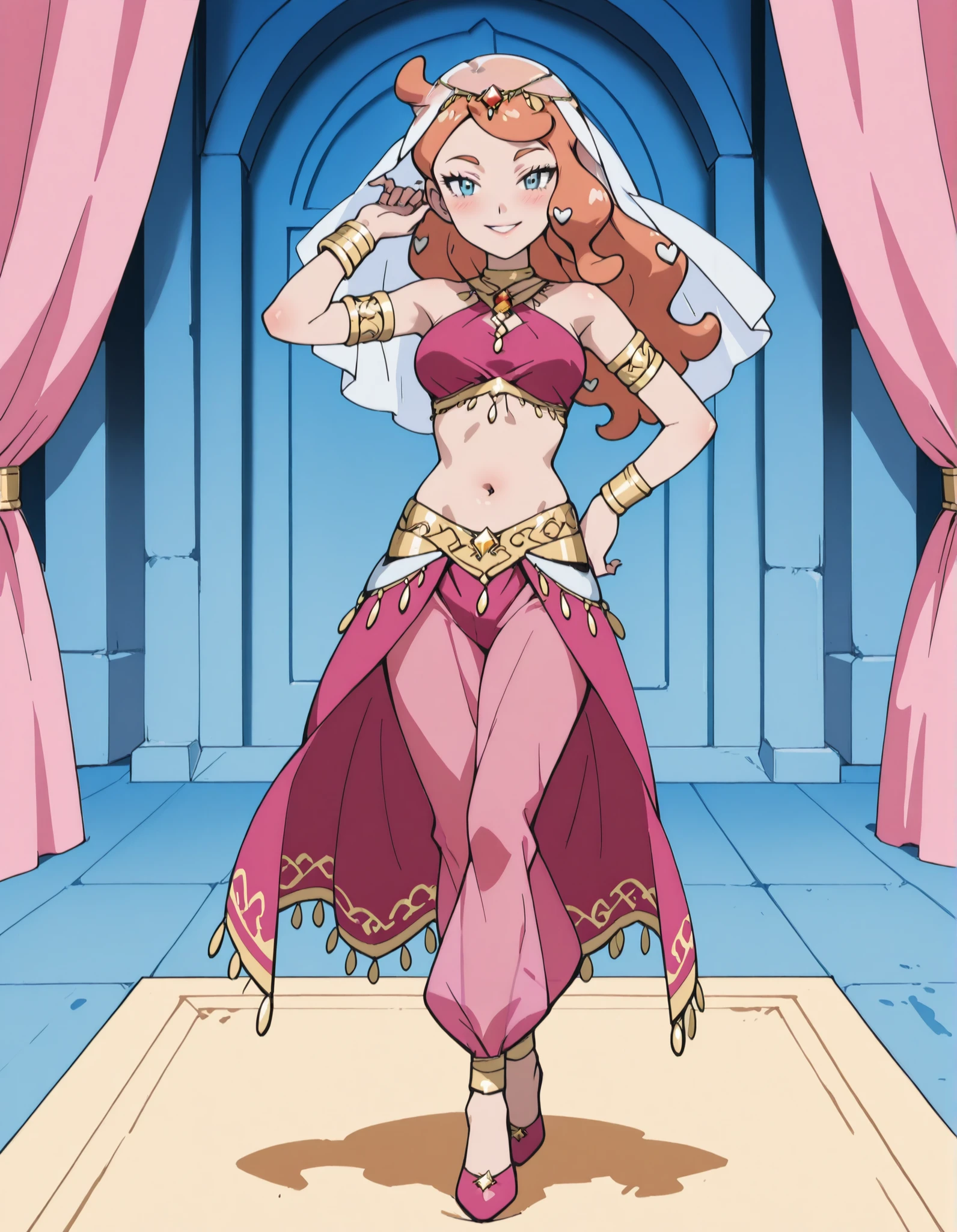 (1girl:1 . 5) , (Seul:1 . 5) , score_9 , score_8_haut , score_7_haut , source_anime , Official work , ultra-detailed , masterpiece , best quality , high resolution , beaux yeux , detailed eyes , Detailed face , beautiful detailed eyes ,Pokemon Sword&Shield, Sonia,Arabian Clothes , Arabian Dancer ,belly dancer costume ,full body,golden jewelery,armlet, belly dancing,arabian garden,seductive smile, dancing with veil, dynamic movement,dance posture, seductive pose
