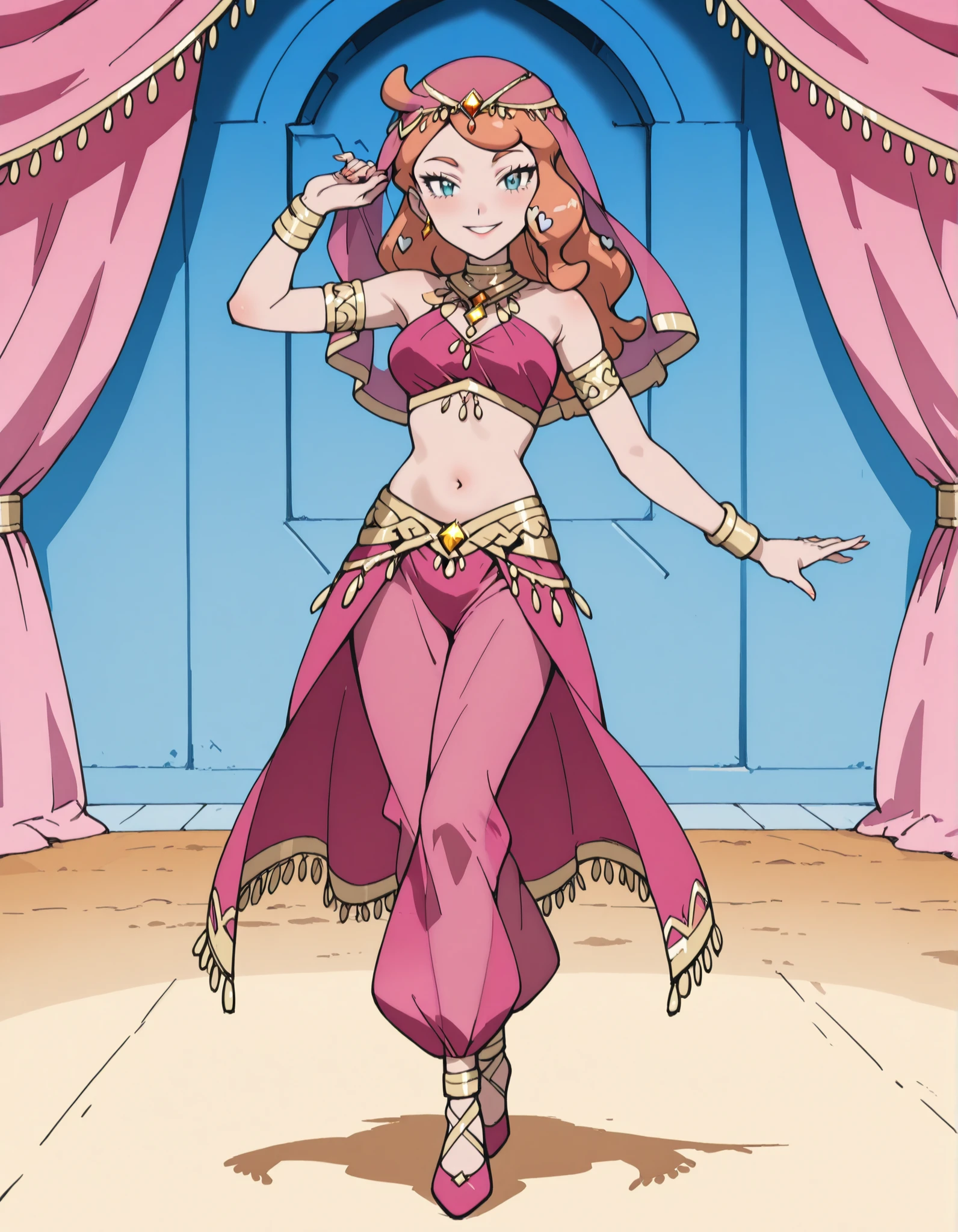 (1girl:1 . 5) , (Seul:1 . 5) , score_9 , score_8_haut , score_7_haut , source_anime , Official work  , ultra-detailed , masterpiece , best quality , high resolution , beaux yeux , detailed eyes , Detailed face , beautiful detailed eyes ,Pokemon Sword&Shield, Sonia,Arabian Clothes , Arabian Dancer ,belly dancer costume ,full body,golden jewelery,armlet, belly dancing,arabian garden,seductive smile, dancing with veil, dynamic movement,dance posture,  pose