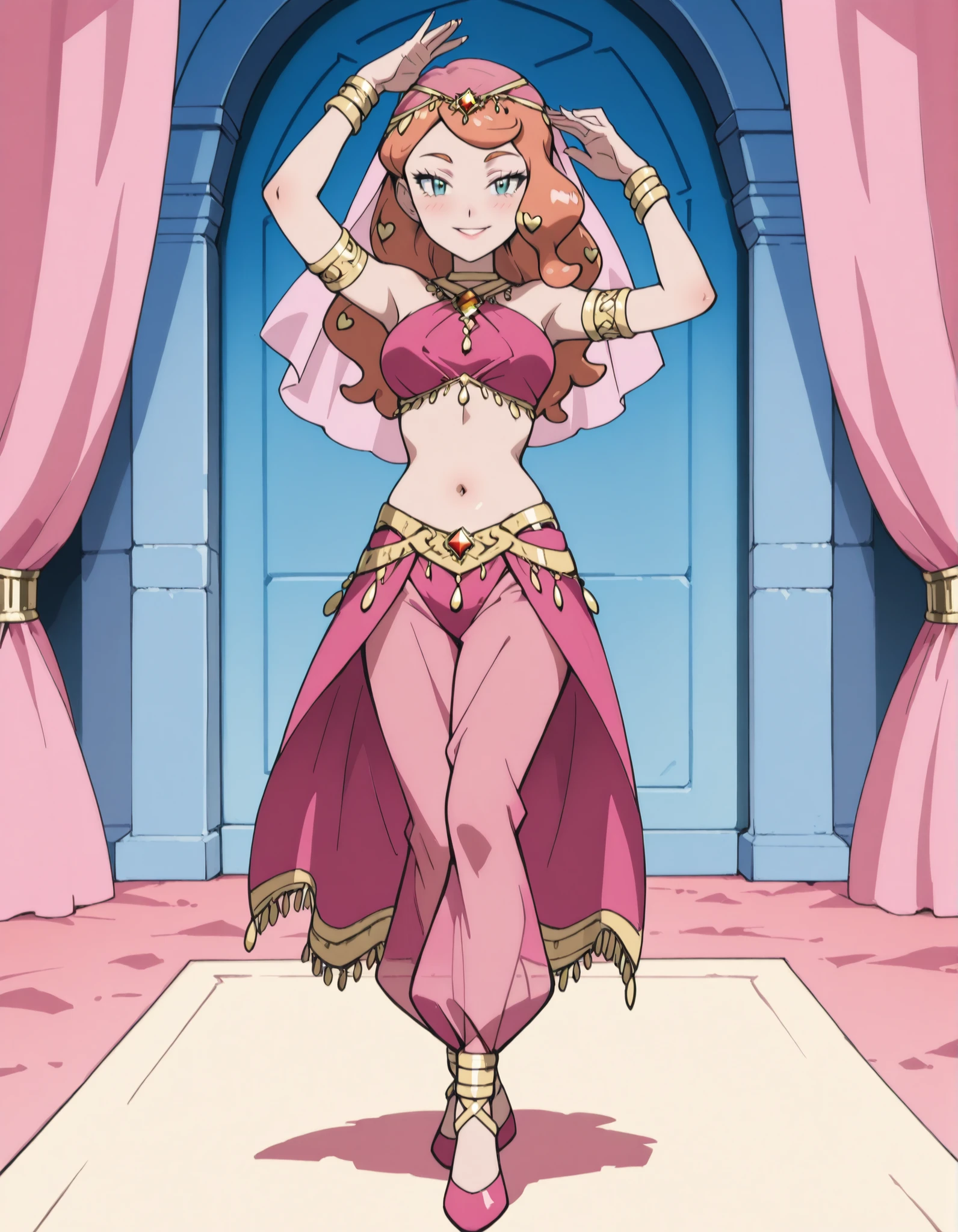 (1girl:1 . 5) , (Seul:1 . 5) , score_9 , score_8_haut , score_7_haut , source_anime , Official work  , ultra-detailed , masterpiece , best quality , high resolution , beaux yeux , detailed eyes , Detailed face , beautiful detailed eyes ,Pokemon Sword&Shield, Sonia,Arabian Clothes , Arabian Dancer ,belly dancer costume ,full body,golden jewelery,armlet, belly dancing,arabian garden,seductive smile, dancing with veil, dynamic movement,dance posture,  pose