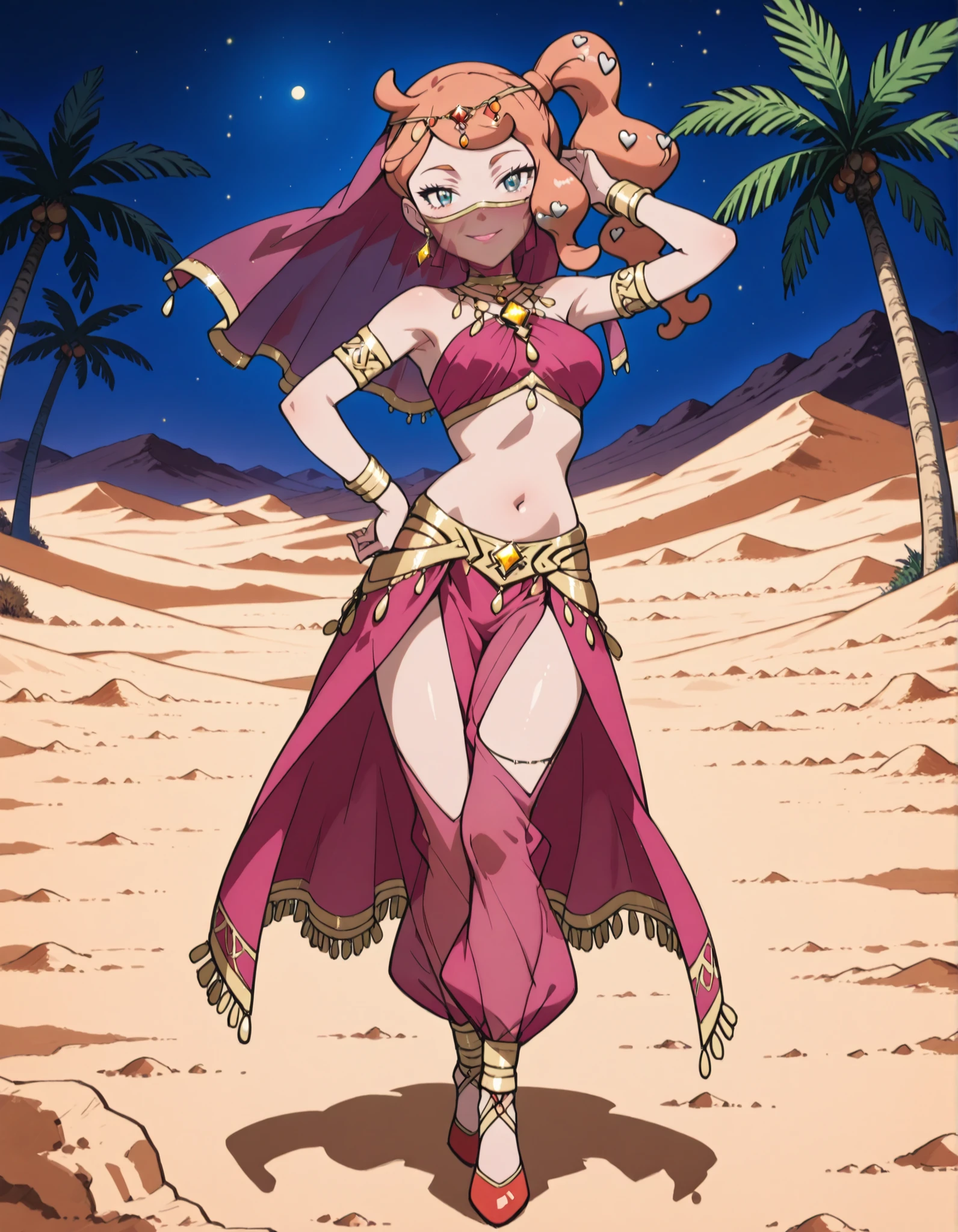 (1girl:1 . 5) , (Seul:1 . 5) , score_9 , score_8_haut , score_7_haut , source_anime , Official work  , ultra-detailed , masterpiece , best quality , high resolution , beaux yeux , detailed eyes , Detailed face , beautiful detailed eyes ,Pokemon Sword&Shield, Sonia,Arabian Clothes , Arabian Dancer ,belly dancer costume ,full body,golden jewelery,mouth veil,armlet, belly dancing,night,desert lands,palm tree,seductive smile, dancing with veil, dynamic movement,dance posture,  pose