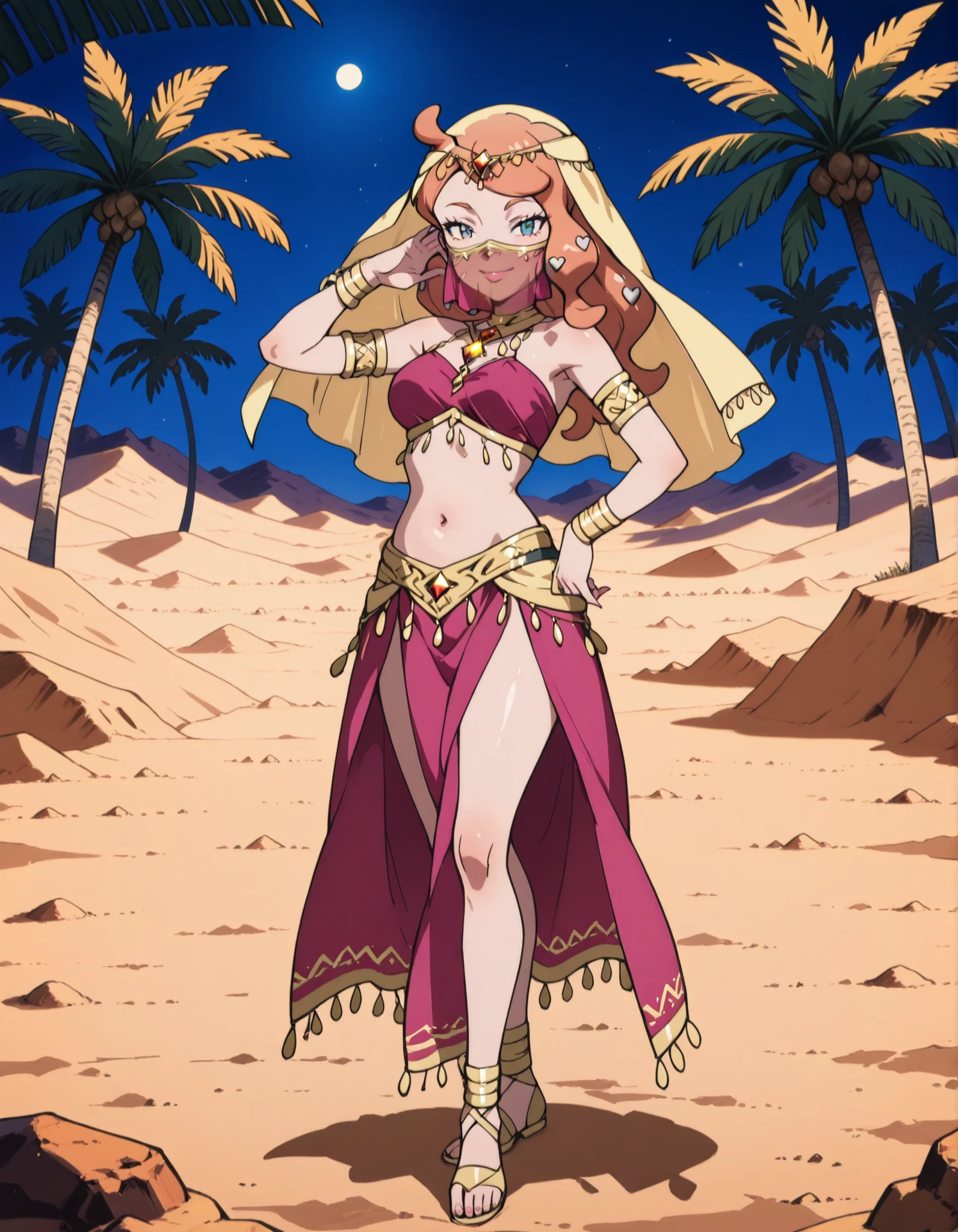 (1girl:1 . 5) , (Seul:1 . 5) , score_9 , score_8_haut , score_7_haut , source_anime , Official work  , ultra-detailed , masterpiece , best quality , high resolution , beaux yeux , detailed eyes , Detailed face , beautiful detailed eyes ,Pokemon Sword&Shield, Sonia,Arabian Clothes , Arabian Dancer ,belly dancer costume ,full body,golden jewelery,mouth veil,armlet, belly dancing,night,desert lands,palm tree,seductive smile, dancing with veil, dynamic movement,dance posture,  pose