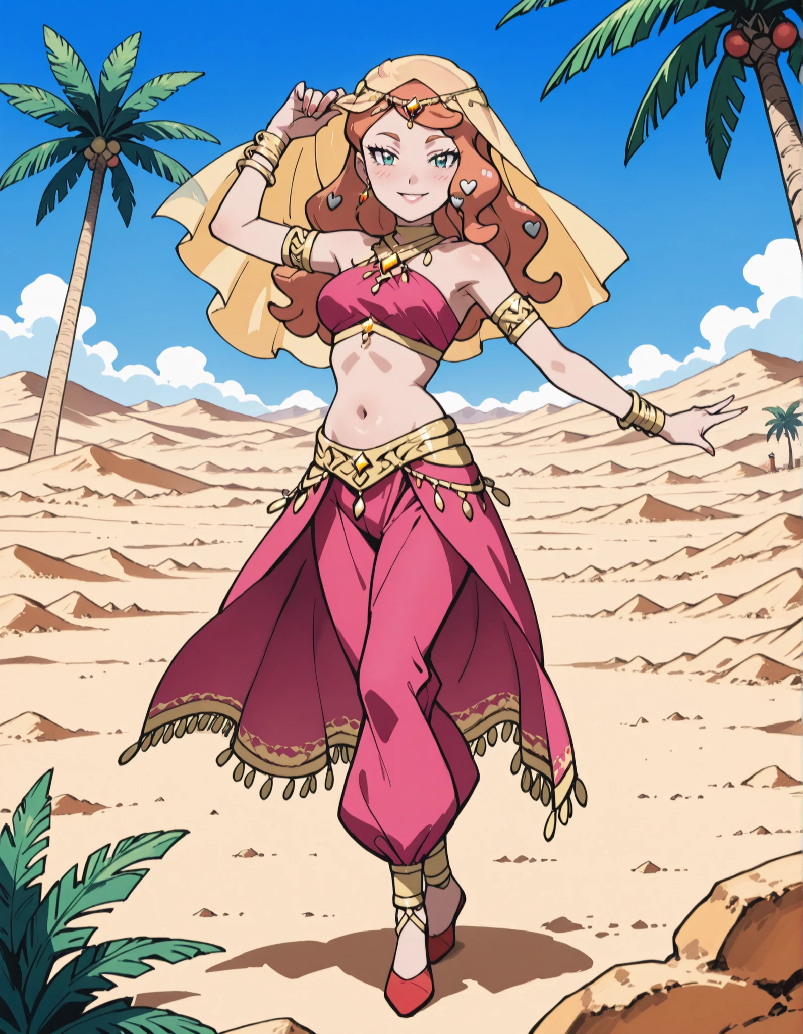 (1girl:1 . 5) , (Seul:1 . 5) , score_9 , score_8_haut , score_7_haut , source_anime , Official work  , ultra-detailed , masterpiece , best quality , high resolution , beaux yeux , detailed eyes , Detailed face , beautiful detailed eyes ,Pokemon Sword&Shield, Sonia,Arabian Clothes , Arabian Dancer ,belly dancer costume ,full body,golden jewelery,armlet, belly dancing,desert lands,palm tree,seductive smile, dancing with veil, dynamic movement,dance posture,  pose