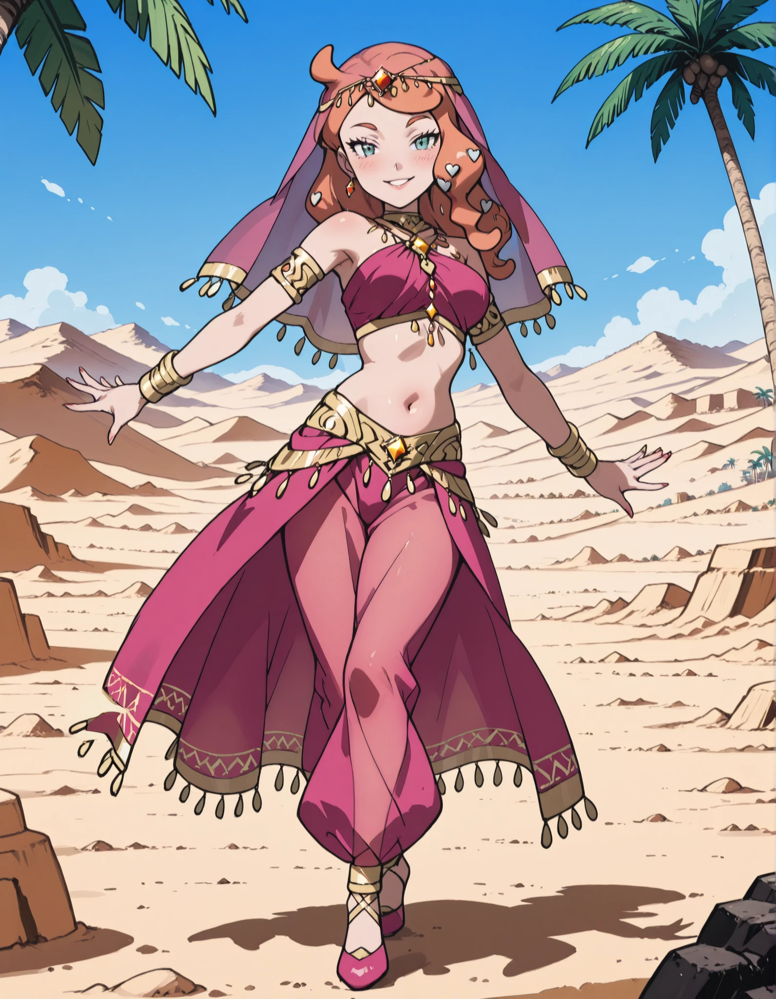 (1girl:1 . 5) , (Seul:1 . 5) , score_9 , score_8_haut , score_7_haut , source_anime , Official work  , ultra-detailed , masterpiece , best quality , high resolution , beaux yeux , detailed eyes , Detailed face , beautiful detailed eyes ,Pokemon Sword&Shield, Sonia,Arabian Clothes , Arabian Dancer ,belly dancer costume ,full body,golden jewelery,armlet, belly dancing,desert lands,palm tree,seductive smile, dancing with veil, dynamic movement,dance posture,  pose