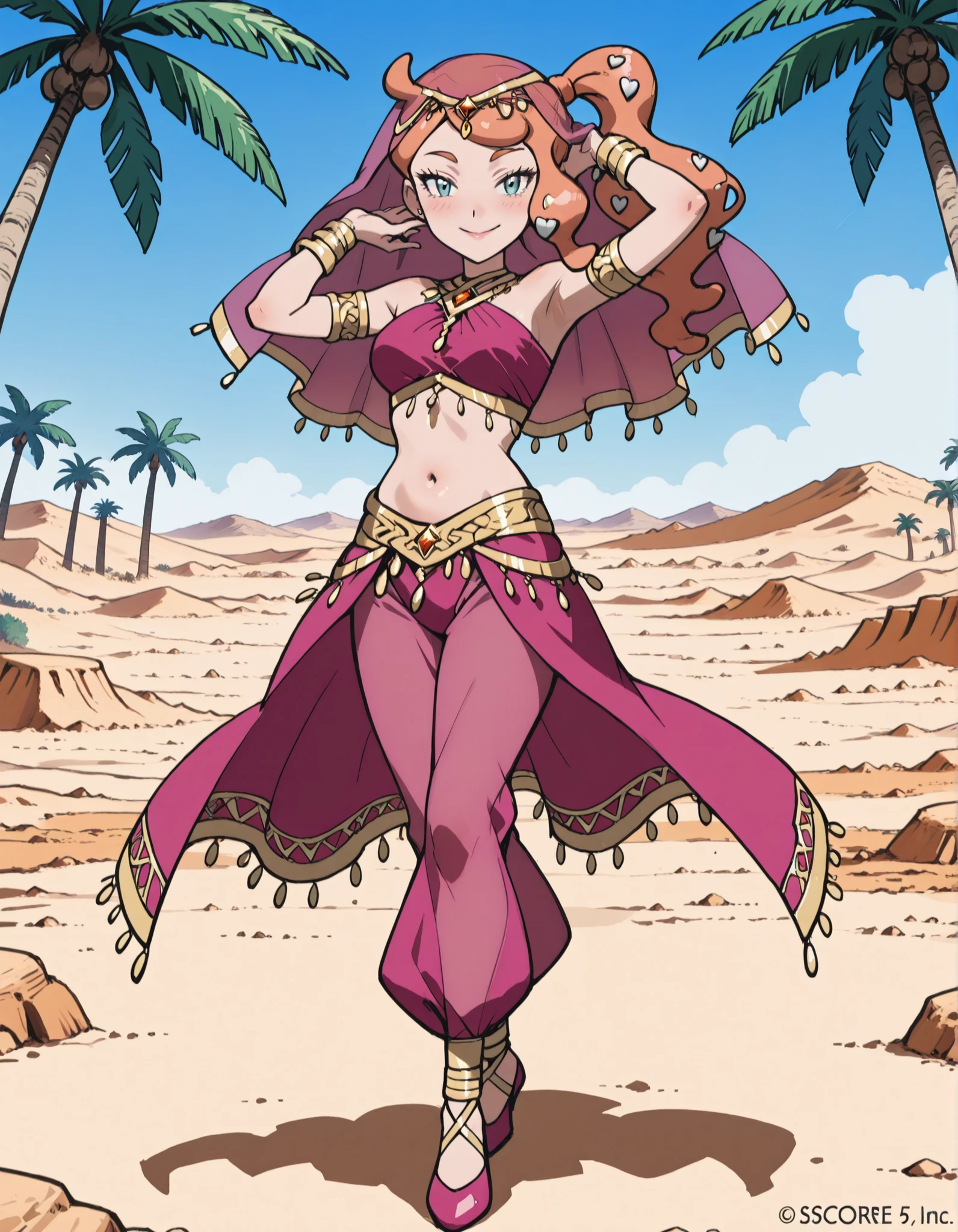 (1girl:1 . 5) , (Seul:1 . 5) , score_9 , score_8_haut , score_7_haut , source_anime , Official work  , ultra-detailed , masterpiece , best quality , high resolution , beaux yeux , detailed eyes , Detailed face , beautiful detailed eyes ,Pokemon Sword&Shield, Sonia,Arabian Clothes , Arabian Dancer ,belly dancer costume ,full body,golden jewelery,armlet, belly dancing,desert lands,palm tree,seductive smile, dancing with veil, dynamic movement,dance posture, seductive pose