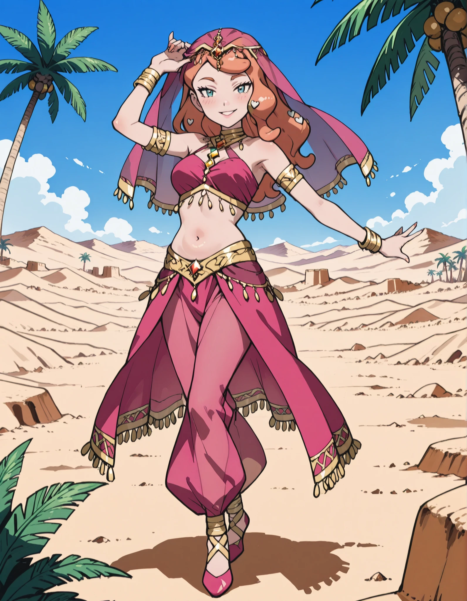 (1girl:1 . 5) , (Seul:1 . 5) , score_9 , score_8_haut , score_7_haut , source_anime , Official work  , ultra-detailed , masterpiece , best quality , high resolution , beaux yeux , detailed eyes , Detailed face , beautiful detailed eyes ,Pokemon Sword&Shield, Sonia,Arabian Clothes , Arabian Dancer ,belly dancer costume ,full body,golden jewelery,armlet, belly dancing,desert lands,palm tree,seductive smile, dancing with veil, dynamic movement,dance posture,  pose