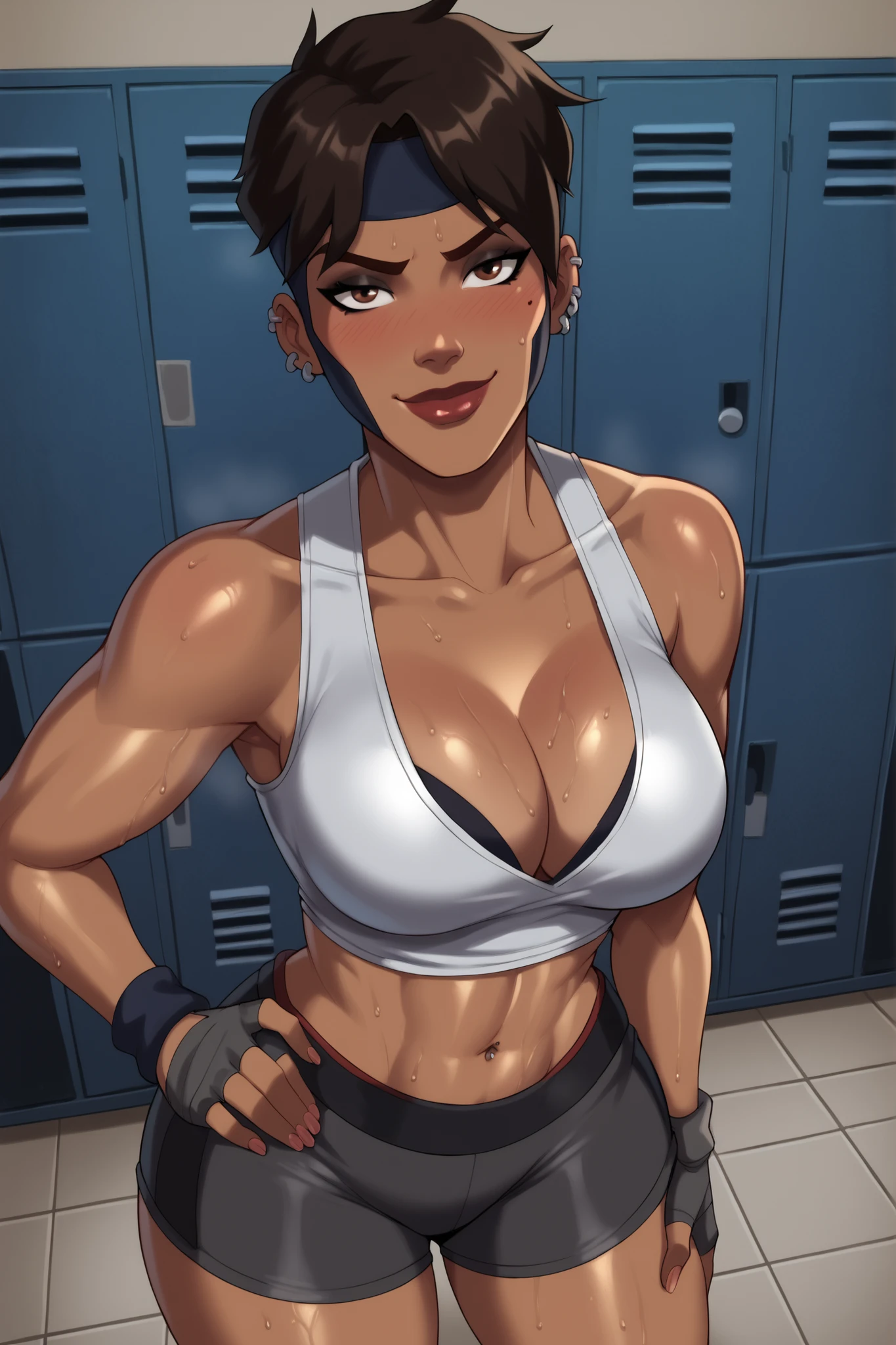 BREAK, score_6_up, score_9, score_8_up, score_7_up, high quality, masterpiece, Rocket, 1girl, solo, 2d, dark-skinned female, short hair, brown eyes, headband, piercing, earring, mask, lipstick, makeup, very , cleavage, curvy, athletic, looking at viewer, seducing viewer, teasing viewer, smile, closed mouth, expression, bedroom eyes, busty, gray top, gray workout shorts, gray hand wraps, shoulders, standing, locker room, indoors, high-angle view blushing, black eyeshadow, black mascara, closeup, portrait, upper body, sweaty, sweat drops, wet skin, shiny skin, thick thighs, wide , hand on waist