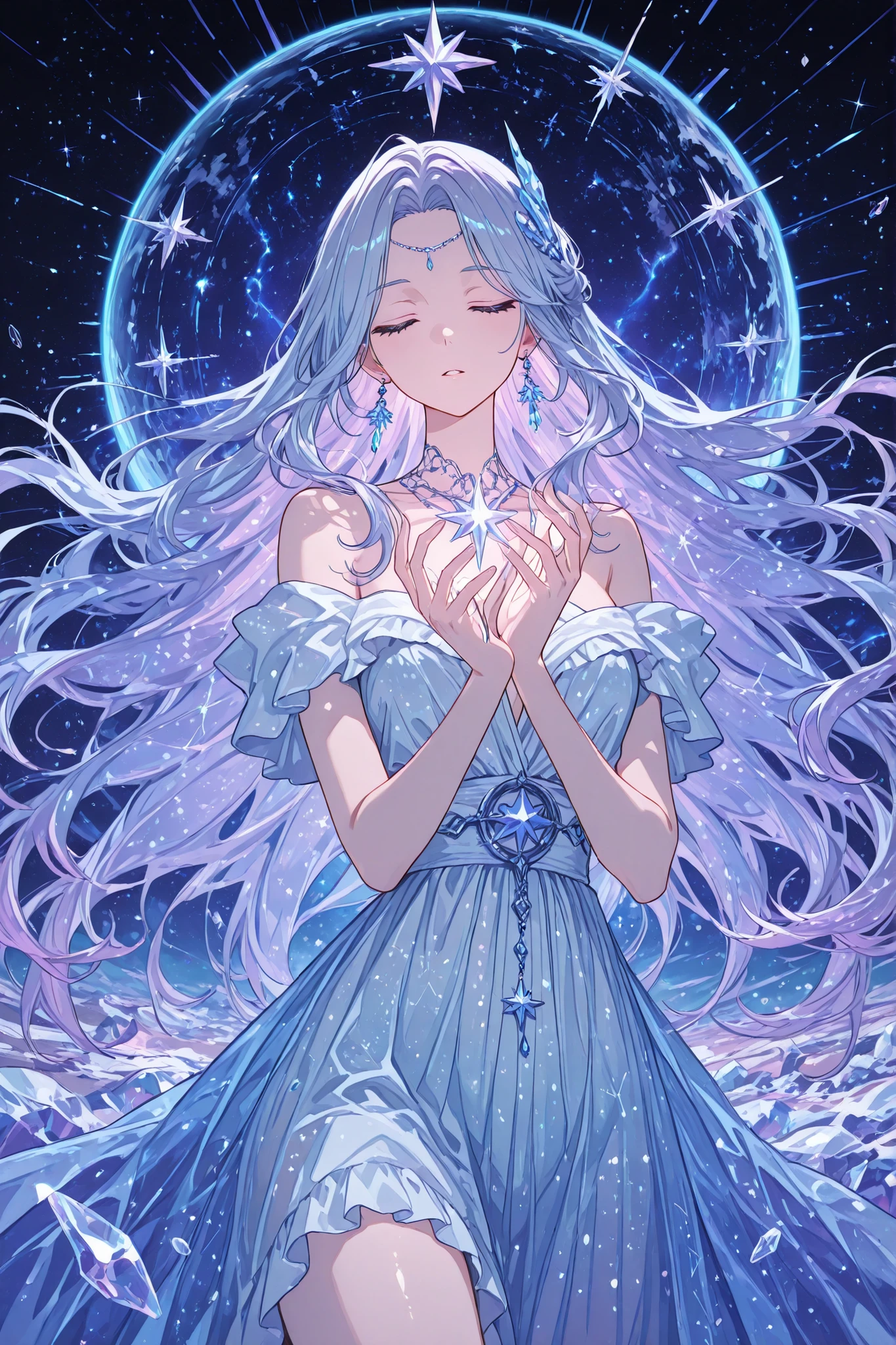 masterpiece, best quality, ultra-detailed, Anime style, illustration, fantasy art, Beautiful woman,constellation goddess, elegant dress, celestial hair, icy blue and pale lavender hair, loose hair, Ice Hair Ornament, eyes closed, loose star goddess dress, off-shoulder design, lace and frills, laced elements, Matching colors , Decorations in the form of stars, shiny crystal accessories, (surrounded by constellations), (keeping the planet Saturn), flickering lights, leads into the distance, the cosmos, Highly detailed, (perfect arms), Highly detailed eyes, luminous, fabulous, magical , soft lighting, striking composition, Bokeh effect, transparent shards, crystal texture, ethereal glow, holographic fragments, pearlescent, holographic colors, translucent, glass