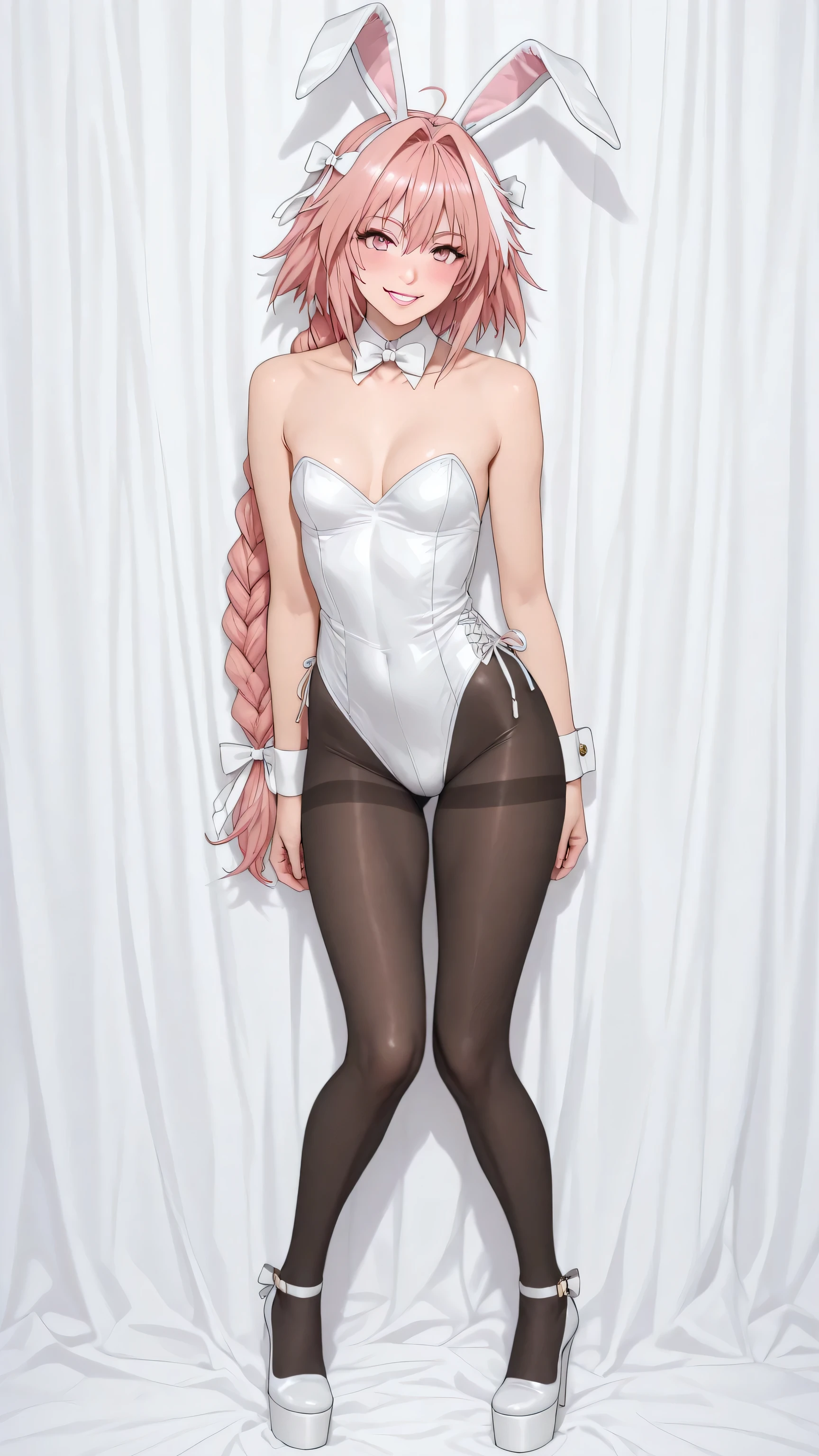 astolfo, long hair, pink eyes, hair ribbon, pink hair, braid, ahoge, white hair, male focus, multicolored hair, streaked hair, single braid, otoko no ko, long braid,small breasts, collarbone, bow, animal ears, cleavage, bare shoulders, pantyhose, bowtie, rabbit ears, leotard, black pantyhose, strapless, white bow, detached collar, fake animal ears, playboy bunny, white leotard, strapless leotard, thighband pantyhose, white bowtie, glossy lips, white thigh high boots, platform heels, full body, masterpiece, dakimakura, high resolution, blush, smile, looking at viewer, standing up, masterpiece, best quality, highly detailed, high quality facial features, white lipstick, perfect eyes, full body shown, seductive pose, white eyeshadow,