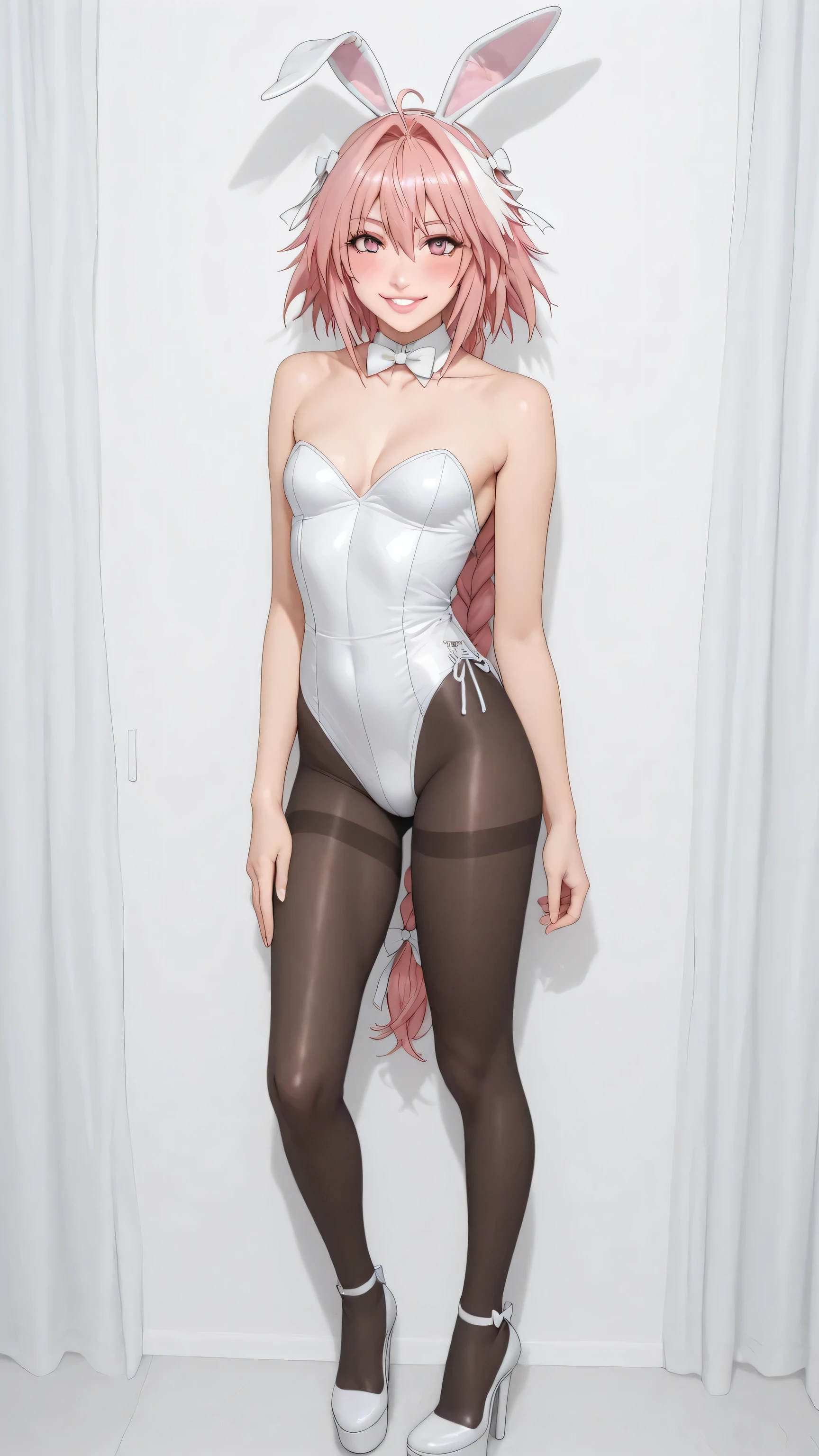 astolfo, long hair, pink eyes, hair ribbon, pink hair, braid, ahoge, white hair, male focus, multicolored hair, streaked hair, single braid, otoko no ko, long braid,small breasts, collarbone,  bow, animal ears, cleavage, bare shoulders, pantyhose, bowtie,  rabbit ears, leotard, black pantyhose, strapless, white bow, detached collar, fake animal ears, playboy bunny, white leotard, strapless leotard, thighband pantyhose, white bowtie, glossy lips, white thigh high boots, platform heels, full body, masterpiece, dakimakura, high resolution, blush, smile, looking at viewer, standing up, masterpiece, best quality, highly detailed, high quality facial features, white lipstick, perfect eyes, full body shown, seductive pose, white eyeshadow, kissing a carrot