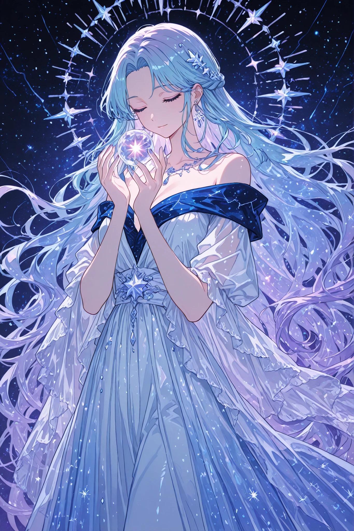 masterpiece, best quality, ultra-detailed, Anime style, illustration, fantasy art, Beautiful woman,constellation goddess, elegant dress, celestial hair, icy blue and pale lavender hair, loose hair, Ice Hair Ornament, eyes closed, loose star goddess dress, off-shoulder design, lace and frills, laced elements, Matching colors , Decorations in the form of stars, shiny crystal accessories, (surrounded by constellations), (keeping the planet Saturn), flickering lights, leads into the distance, the cosmos, Highly detailed, (perfect arms), Highly detailed eyes, luminous, fabulous, magical , soft lighting, striking composition, Bokeh effect, transparent shards, crystal texture, ethereal glow, holographic fragments, pearlescent, holographic colors, translucent, glass