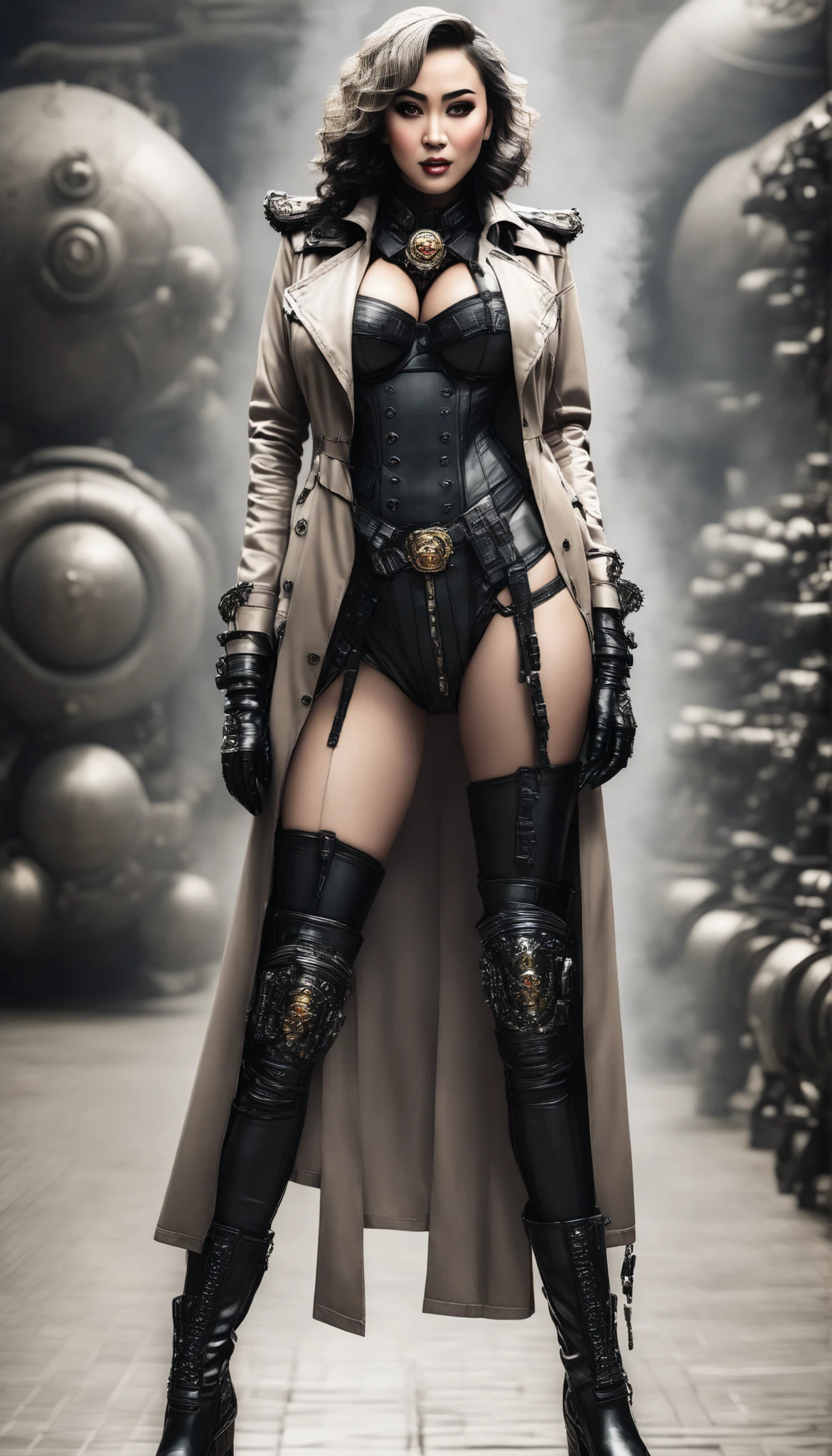 Important (coat, warhammer 40 000 theme, battle sister, space marine armor, very wide hips, thicc lower body, big breast):
Scene (space ship corridor):
Character Face ( focused, red chicks, glowing pupils, make up, augmentations on right side, tatto on left side):
Character Body (oiled skin, sweat skin, huge tits busting out, neon glowing electric rings, neon glowing electric collar, wide hips huge ass, thicc legs, big, ass cheeks, hips trapezoidal, big butt, wide hips, thin waist):
Character Hair (bob, black hair):
Character Clothes (long coat, gun in hand, tight beige leggins, commissioner long coat, zippers belts, garter belt, high heeled tight high boots on the ground, stockings, micro thongs, steel chest armor):
Character Action (walking with butt plug):
View (full body):
Scene light (strong, lighting, emphasizing curves):
Color tones (rich and vibrant colors, warm tones, saturated, contrasted):
Image quality (illustration, photography, 8k, super detail, best quality, 8k, high details, anatomically correct, masterpiece, highres, best quality, award winning, high quality, high details, super detail, erotic art, pin-up, glamour, fine art photography):