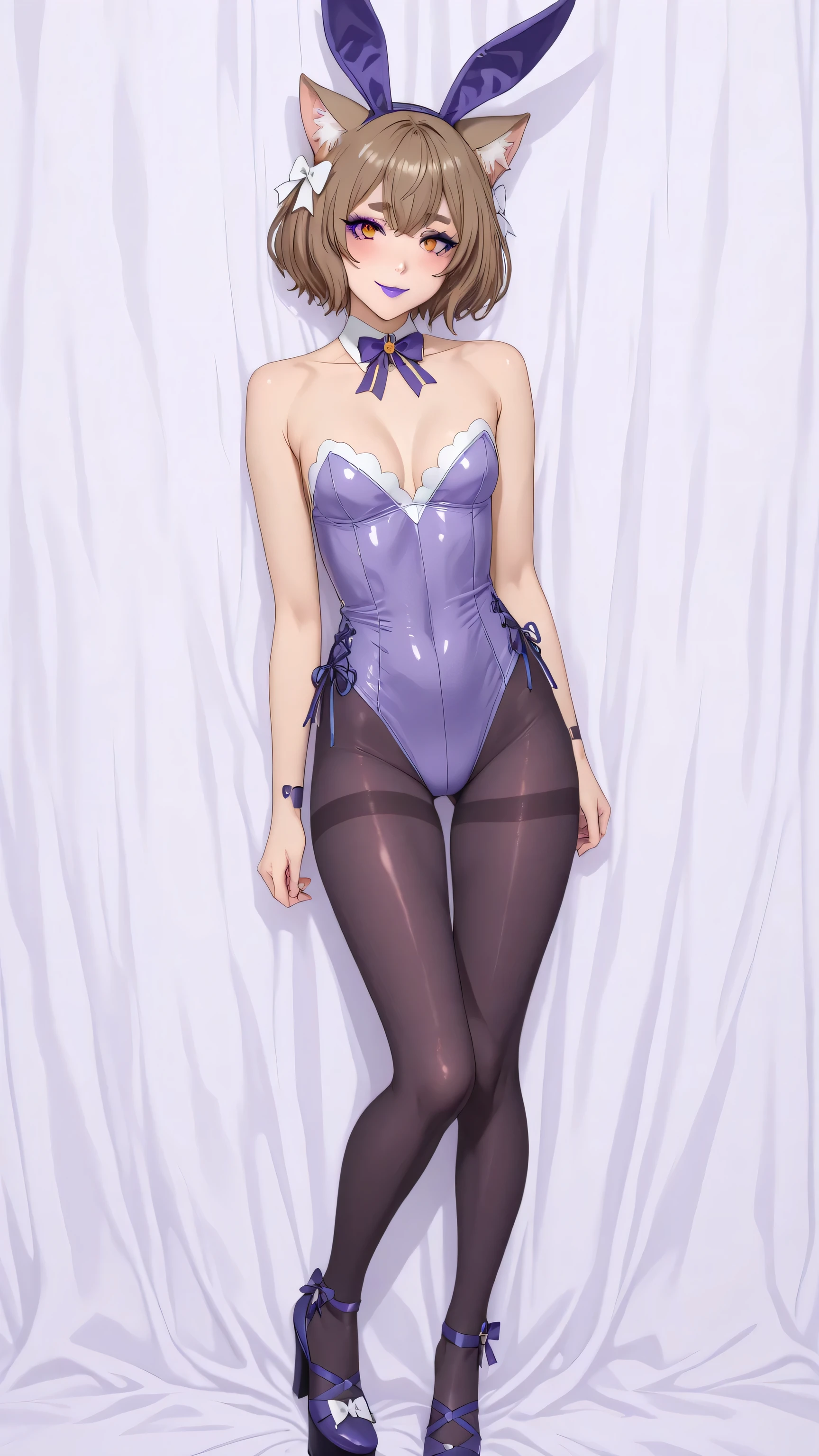 felix argyle, short hair, bangs, brown hair, bow, animal ears, hair bow, male focus, cat ears, eyelashes, bob cut, thick eyebrows, white bow, otoko no ko, small breasts, collarbone,  bow, animal ears, cleavage, bare shoulders, pantyhose, bowtie,  rabbit ears, leotard, black pantyhose, strapless, purple bow, detached collar, fake animal ears, playboy bunny, purple leotard, strapless leotard, thighband pantyhose, purple bowtie, glossy lips, purple thigh high boots, platform heels, full body, masterpiece, dakimakura, high resolution, blush, smile, looking at viewer, standing up, masterpiece, best quality, highly detailed, high quality facial features, purple lipstick, perfect eyes, full body shown, seductive pose, purple eyeshadow, hugging a dakimakura, dakimakura of Soraka, 