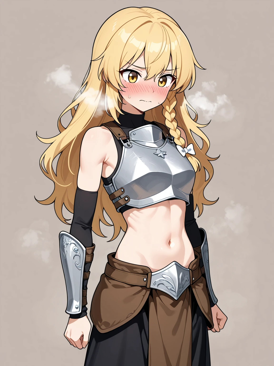 teenage girl, athletic, muscular body, she has long blonde hair, the bangs in her hair hide her eyes, she wears torn clothes and a metal breastplate, she walks like a beast, doggy pose, Pointy teeth