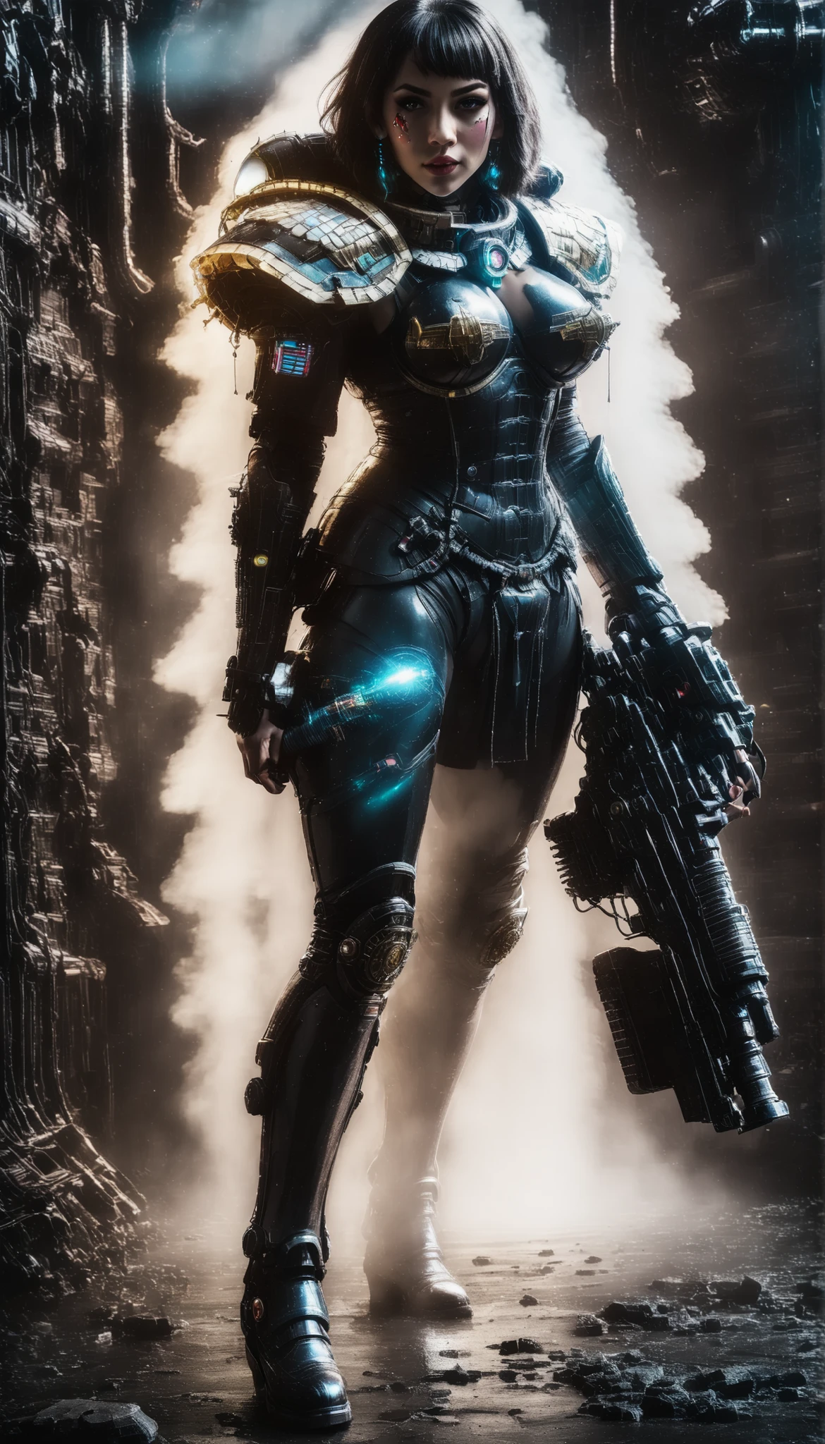 Important (coat, warhammer 40 000 theme, battle sister, space marine armor, very wide hips, thicc lower body, big breast):
Scene (space ship corridor):
Character Face ( focused, red chicks, glowing pupils, make up, augmentations on right side, tatto on left side):
Character Body (oiled skin, sweat skin, huge tits busting out, neon glowing electric rings, neon glowing electric collar, wide hips huge ass, thicc legs, big, ass cheeks, hips trapezoidal, big butt, wide hips, thin waist):
Character Hair (bob, black):
Character Clothes (long coat, gun in hand, tight beige leggins, commissioner long coat, zippers belts, garter belt, high heeled tight high boots on the ground, stockings, micro thongs, steel chest armor):
Character Action (walking with butt plug):
View (full body):
Scene light (strong, lighting, emphasizing curves):
Color tones (rich and vibrant colors, warm tones, saturated, contrasted):
Image quality (illustration, photography, 8k, super detail, best quality, 8k, high details, anatomically correct, masterpiece, highres, best quality, award winning, high quality, high details, super detail, erotic art, pin-up, glamour, fine art photography):