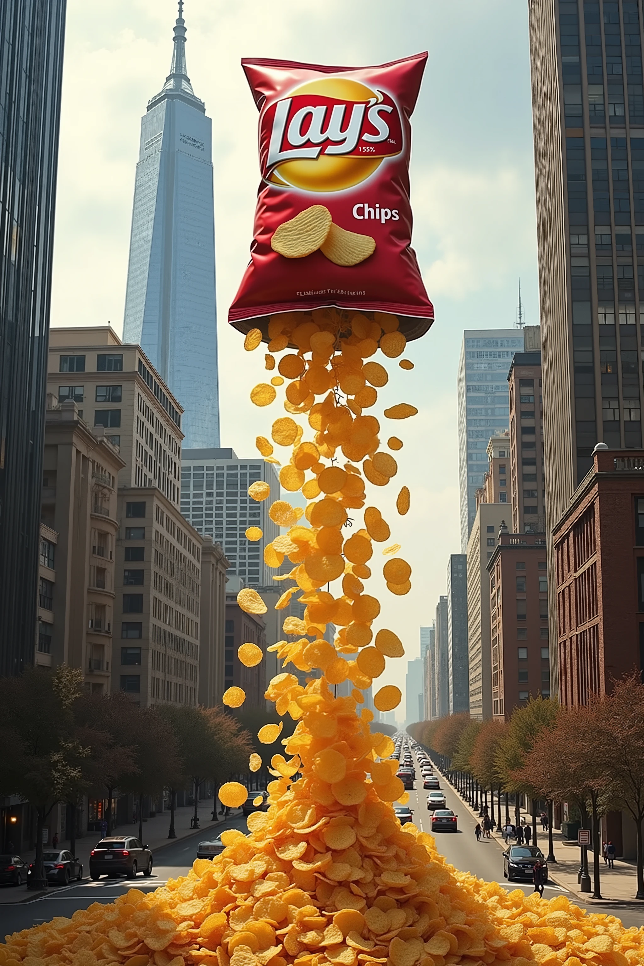 💋 Gigantische Chipstüte verwandelt Stadtlandschaft in knusprigen Snack-Regen
🌟 Surreale Pop-Art-Ästhetik, oversized food photography, dramatic city panoramic view, Advertising poster quality, vivid snack colors, Alice im Wunderland trifft Großstadt
🌌 Moderne Wolkenkratzer-Skyline bei hellem Tageslicht, glass facades reflect sunlight, busy street canyons far below, urban metropolis from a bird's eye view, klarer blauer Himmel
😈 Monströse Chipstüte in klassischem rot-gelben Design liegt auf dem Dach eines Hochhauses, several floors high, shiny packaging is dramatically ripped open, Markenlogo deutlich sichtbar
🔥 Tausende goldgelbe Kartoffelchips fallen wie Herbstblätter aus der gigantischen Tüte, sailing elegantly through the air between skyscrapers down to the street, people down look up in amazement, surreal moment where snack food A force of nature, crispy rain over the city