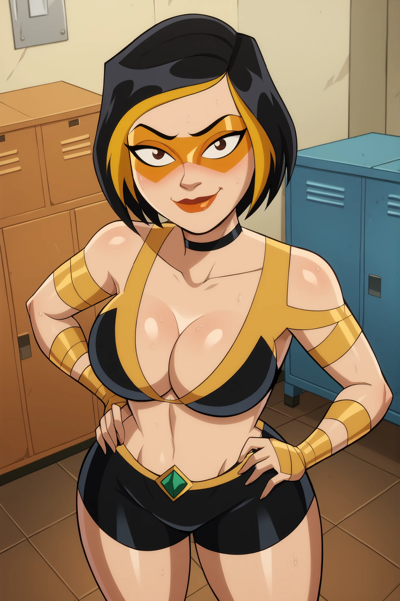 score_9, score_8_up, score_7_up, score_6_up BREAK, g0g1-dh, smiling, closed mouth, 1girl, solo, short hair, black hair, gold hair, multicolored hair, choker, domino mask, makeup, lipstick, looking at viewer, seducing viewer, teasing viewer, very large breasts, cleavage, curvy, athletic, seductive expression, bedroom eyes, busty, black bikini top, black workout shorts, black hand wraps, indoors, locker room, standing, bare shoulders, high-angle view, blushing, gold eyeshadow, black mascara, closeup, portrait, upper body, sweaty, sweat drops, wet skin, shiny skin, thick thighs, wide hips, hand on waist
