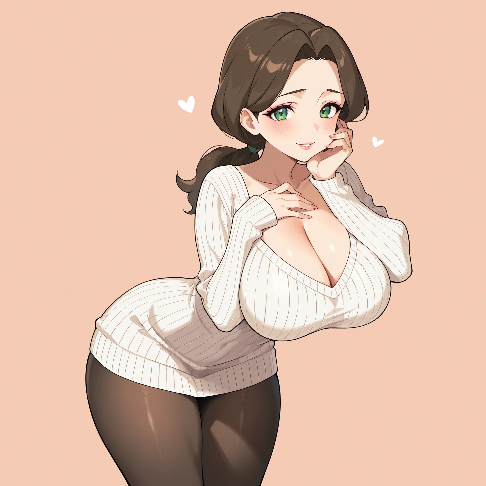 masterpiece, ultra-HD, impressionism, high detail, best quality, very aesthetic, 8K, best quality, beautiful, ultra-high resolution, 32K UHD, sugimorixd, 1woman, solo, mature woman, housewife, long dark brown hair, low ponytail, green eyes, eyelashes, makeup, black eyeliner, full lips, huge breasts, narrow waist, wide hips, thick thighs, shapely legs, slim, white ribbed baggy sweater dress, sweater dress, cleavage, black pantyhose, blushed, smile, shy, cute, hand on cheek, hand over chest, standing, looking at the viewer, simple background, front view