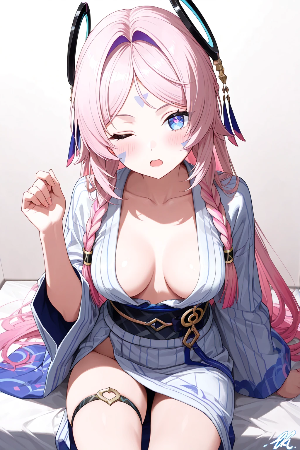 Anime girl with blue hair and blue eyes lying in bed, Enchanting anime girl, Beautiful and attractive anime woman, Anime Style 4k, anime wallpaper 4k, anime wallpaper 4k, 4k anime wallpaper, anime art wallpaper 4k, anime art wallpaper 4k, Best anime 4k konachan wallpaper, Beautiful Anime Girls, Anime Art Wallpapers 8K((Highest quality)), ((masterpiece)), (detailed), One girl, セクシー Here is the English translation of the prompt: Prompt: "Depict a Japanese street with dimly lit lanterns in the background, and in the foreground, portray a glamorous woman in traditional Japanese clothing. She has pink hair adorned with luxurious hair ornaments (red and green flowers, golden decorations). Her eyes are gold and red, highlighted with vivid pink eyeshadow. Her lips are red and slightly glossy. The woman is holding a long, Thin Kiseru (Japanese smoking pipe) in one hand and is gazing towards the camera. Her kimono features traditional floral patterns, creating an overall fantastical and beautiful atmosphere. She is wearing headphones. The girl has long pink hair." He is lying on one elbow. Look at me, Palm up, and feel like I'm inviting you, as if I'm doing a camorn.A pretty girl with headphones is listening to music。A bright forest and a river flow in the background.。Animals are gathering around the beautiful pink-haired girl.。Sexy but not too revealing。just a little。But try not to be .。